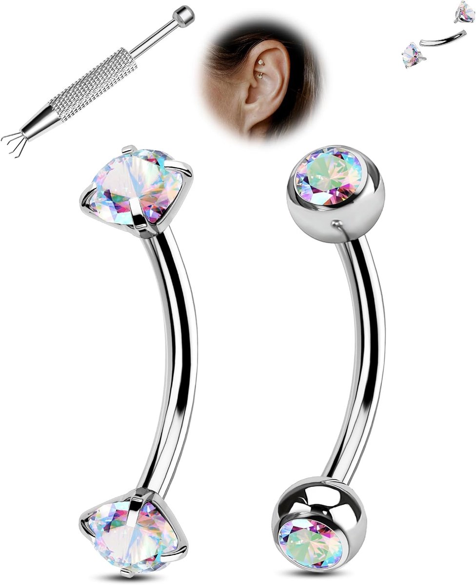 2 STKS Rook Piercing Barbell Intern Thread Rook Earring Chirurgisch Staal Wenkbrauw Piercing Sieraden Cubic Zirconia Gebogen Barbell 16G Verticale Labret Lip Bars