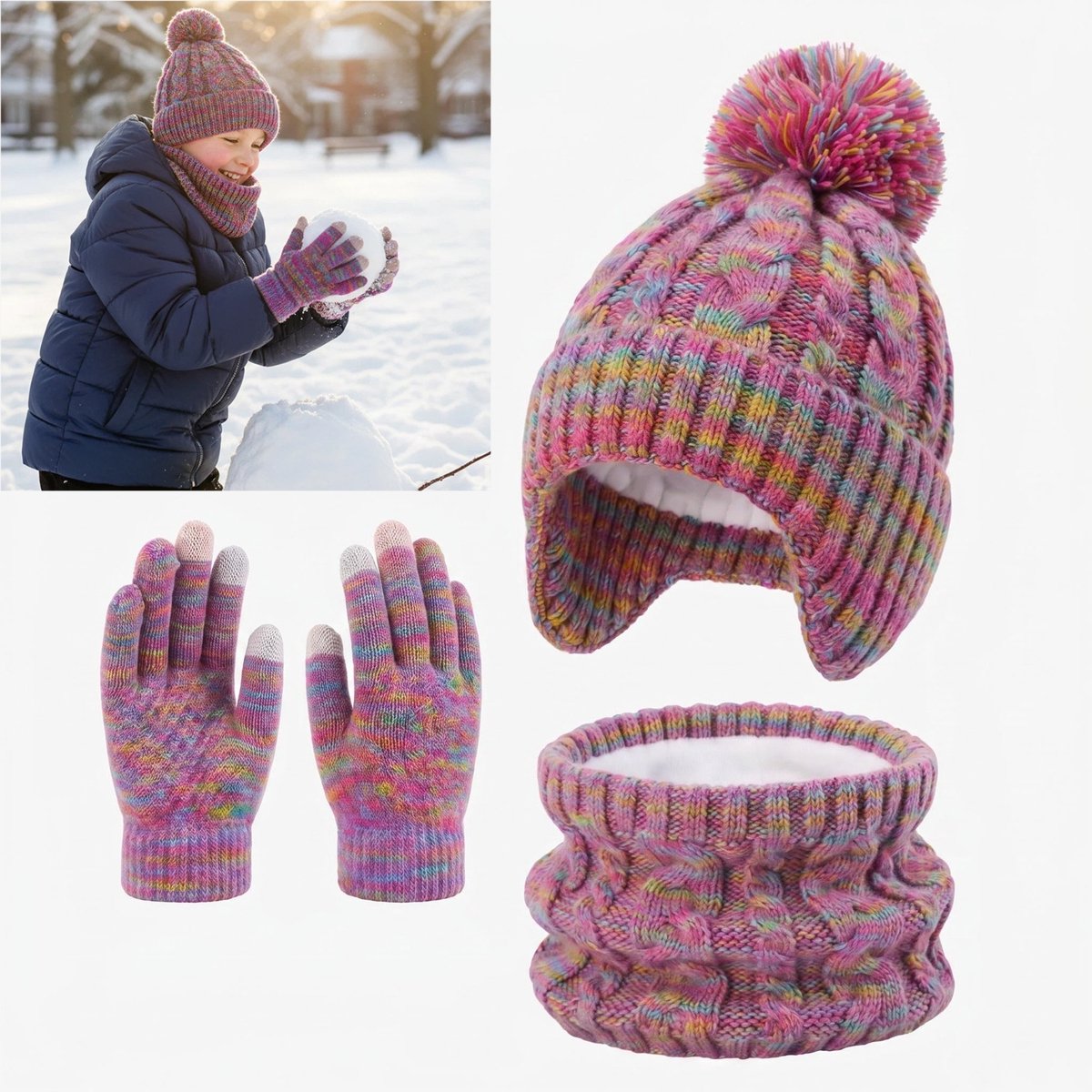 Iriserend Sjaal en handschoenen Hoed 3-delige set, kinderen gebreide warme nekwarmer muts touchscreen handschoenen.