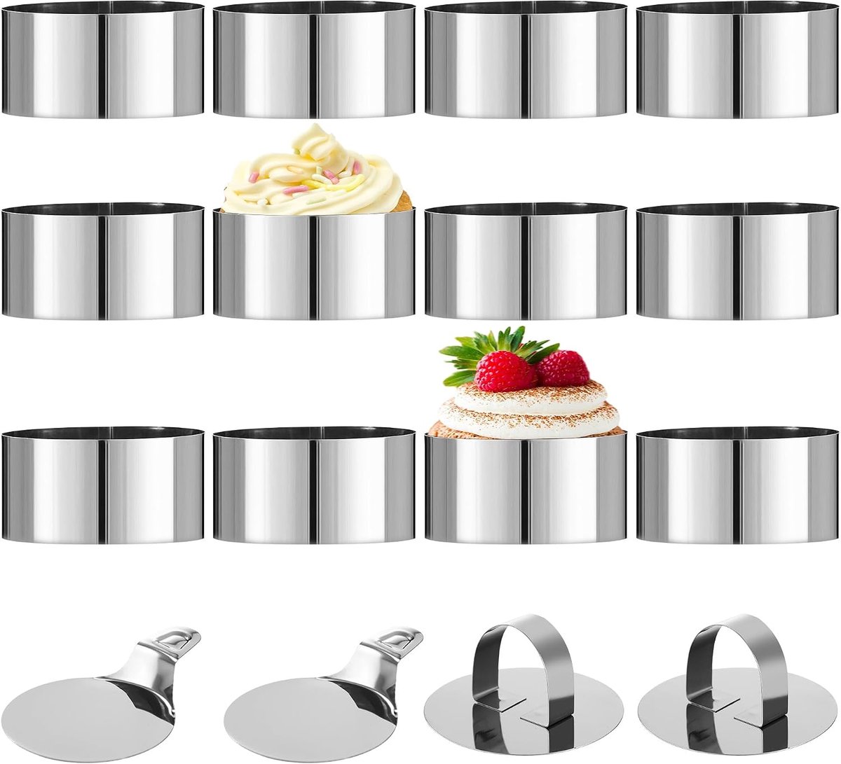 12 stuks dessertringen en dinerringen, roestvrijstalen serveerringen 8 cm, uitgerust met 2 grondplaten en 2 deksels, geschikt voor het maken van koekjes, donuts en taartbakvormen