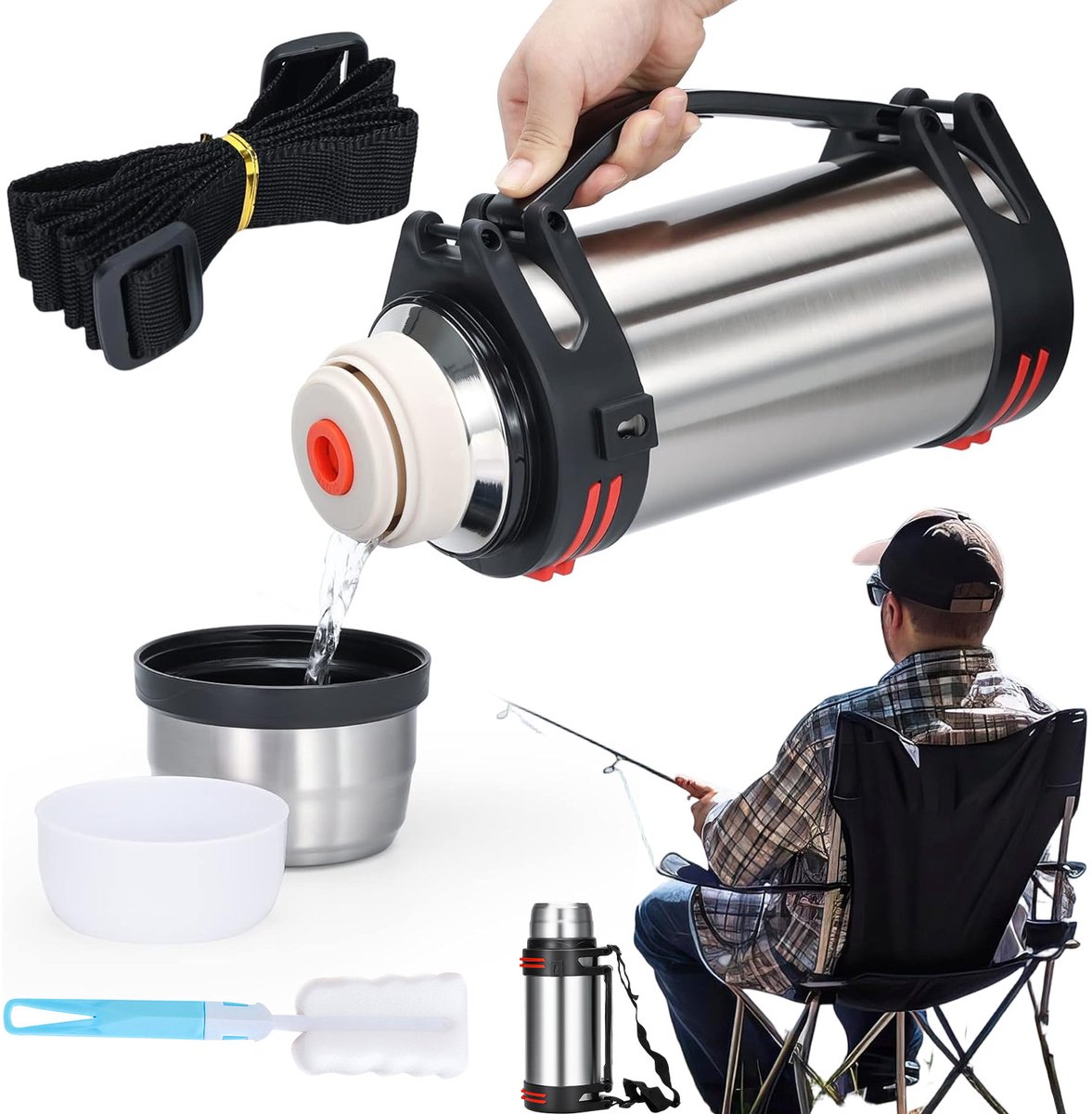 Thermoskan - Dubbelwandige Isoleerkan - Vacuümfles - 3L - 304 Roestvrij Staal - 24 uur Warm & Koud - Lekvrij - BPA-vrij - Handvat & Schouderriem - Antislip Siliconen Voet - Voor Thuis & Kantoor & Camping - Zilver