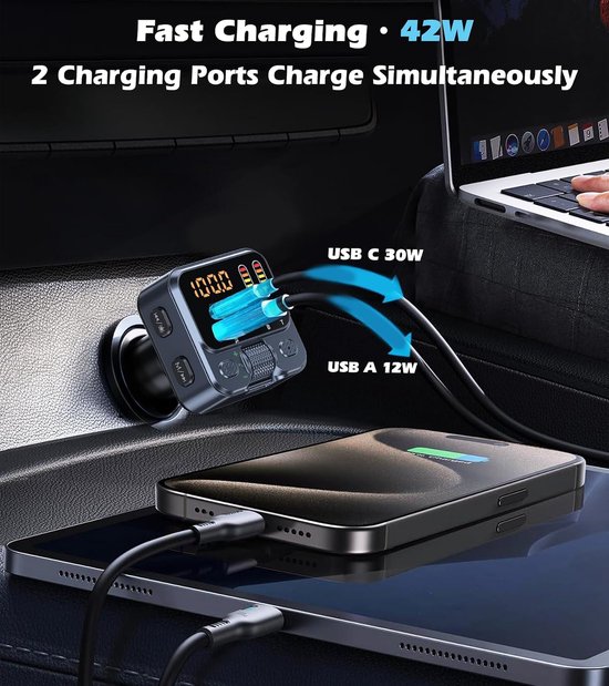 Bluetooth 5.3 FM Transmitter Auto - 42W PD Snellader - USB-C & AUX - Handsfree Bellen - LED Beat Sync - Geschikt voor 12V-24V Voertuigen - Bluetooth Muziekadapter — afbeelding 3