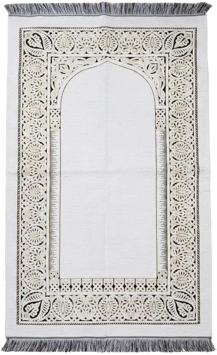 Islamitische gebedsmat - elegant geweven Janamaz tapijt met traditioneel Anatolisch motief en kwastjes - Premium zacht moslim gebedskleed voor Namaz, dikke Sajadah, Eid & Ramadan cadeau (wit)