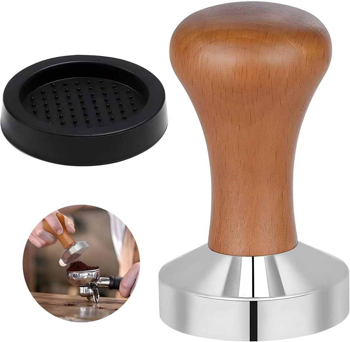 Tamper, espresso tamper, barista-accessoires, koffiestamper van roestvrij staal, basis houten handvat met siliconenmat, voor cafés en koffieliefhebbers, tamper, 51 mm