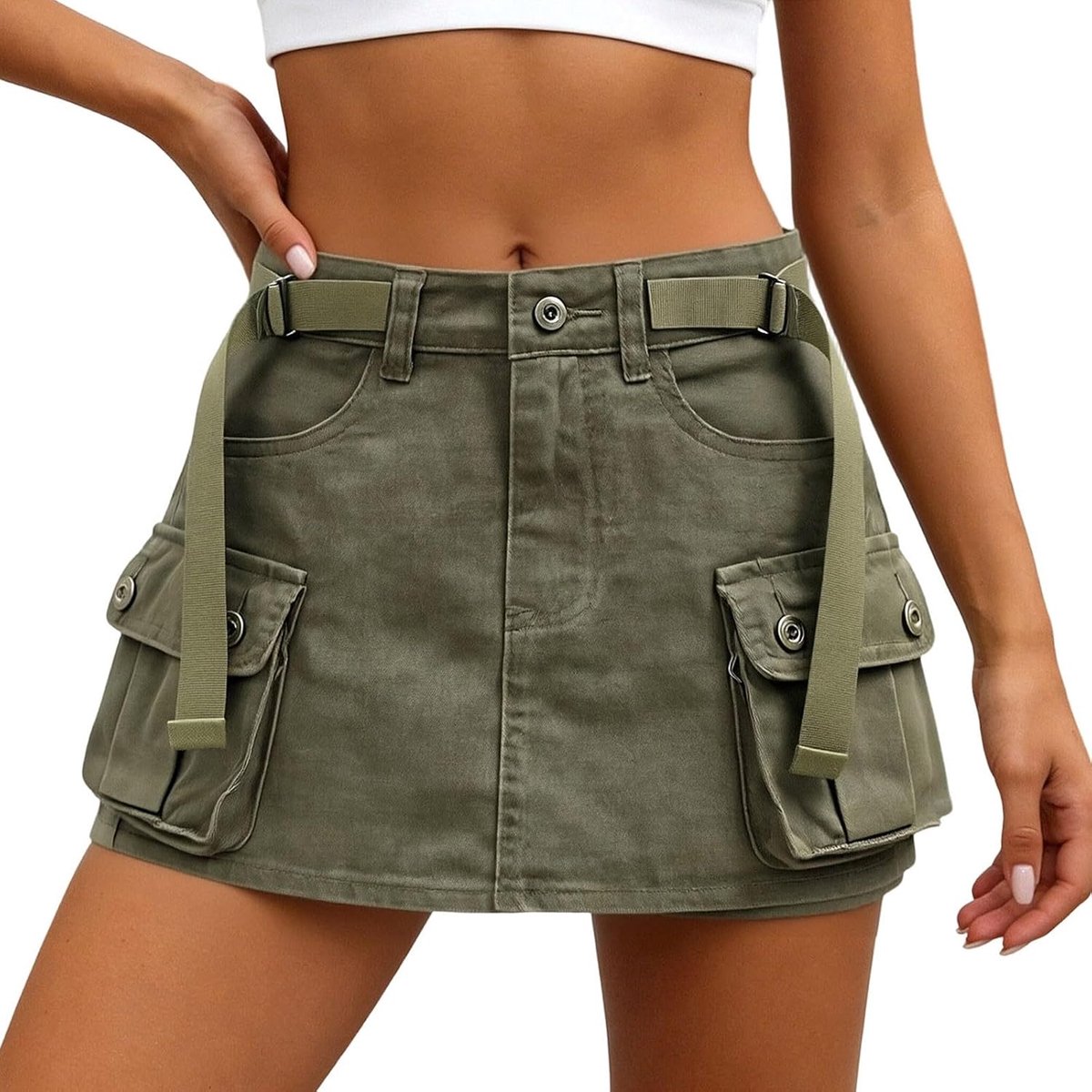 Cargorok voor dames, met lage korte denim jeansrok voor streetwear-looks met praktische zakken, robuuste katoenmix