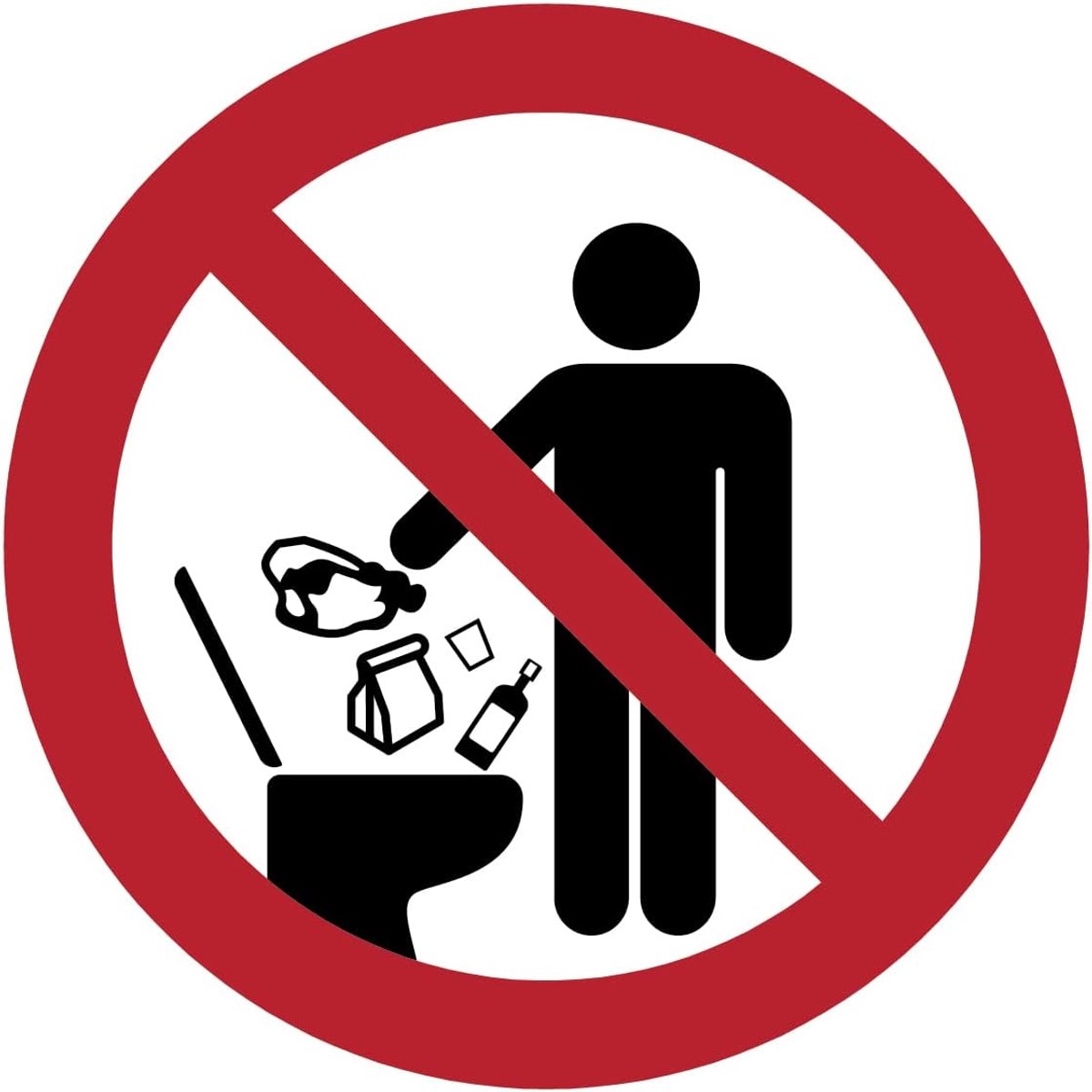 Instructiesticker, gelamineerd, rond, zelfklevend, waterbestendig, NF ISO7010, UV-bestendige laminaatlijm, verboden om voorwerpen in het toilet te gooien, diameter 10 cm