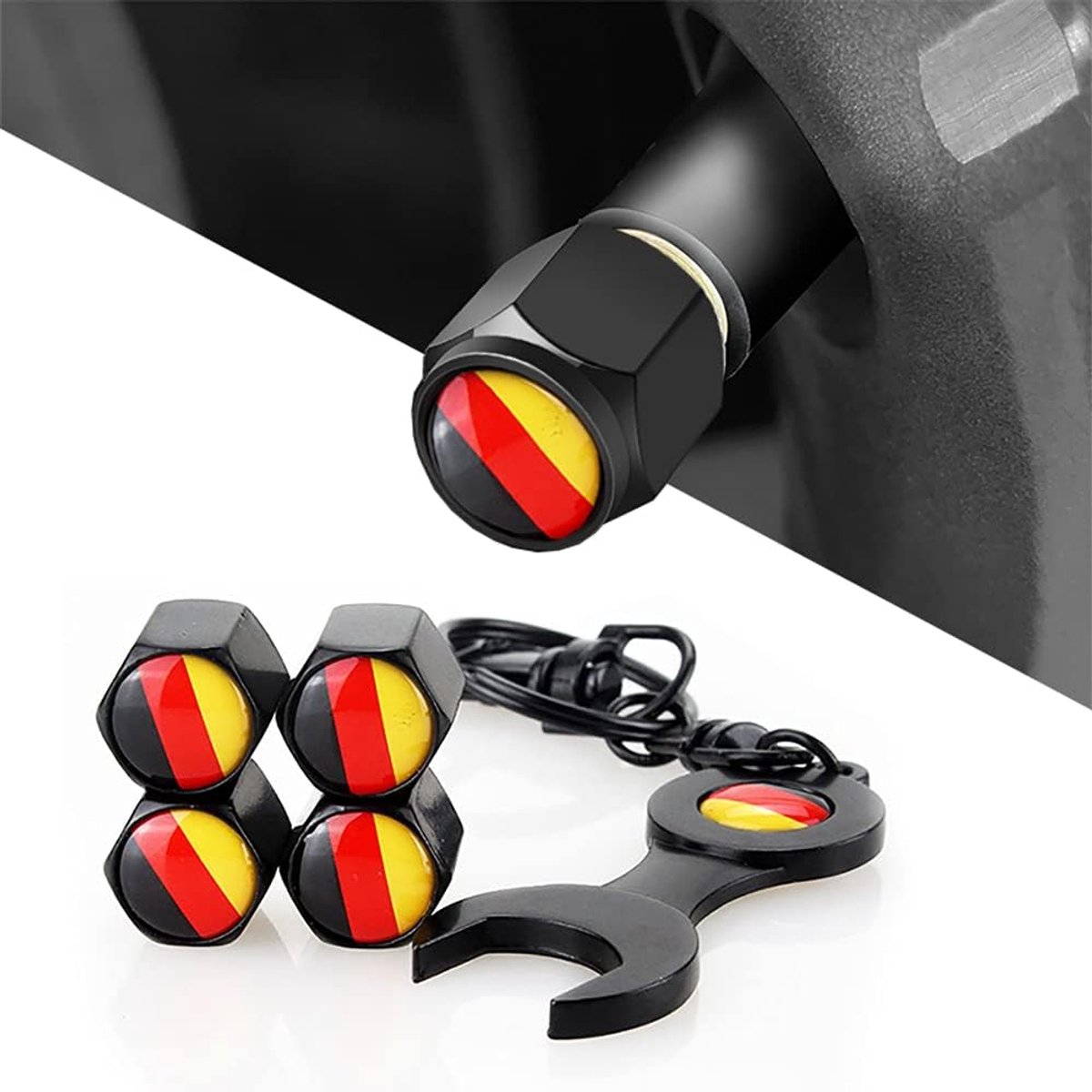Ventieldoppen, anti-diefstal, wielventieldoppen, ventieldoppen, stofdicht, universele autobeschermkapjes, bandenmarkering met sleutelhanger, autoaccessoire-Duitse vlag