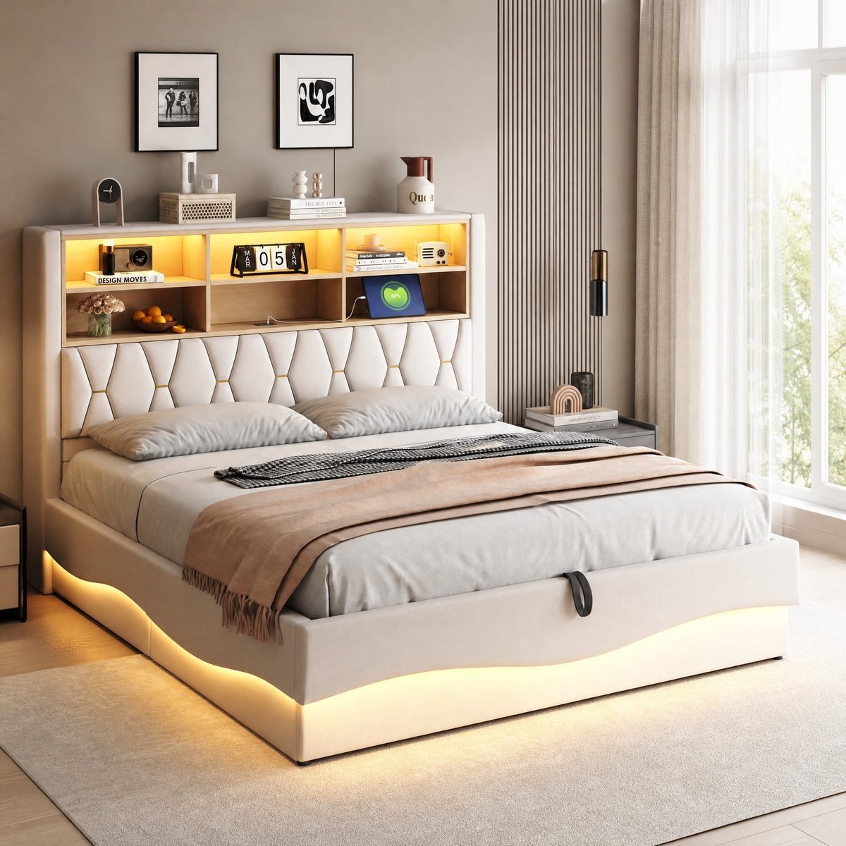WUVRIE Gestoffeerd opbergbed 180x200 cm met hydraulische opbergruimte, led en USB, beige