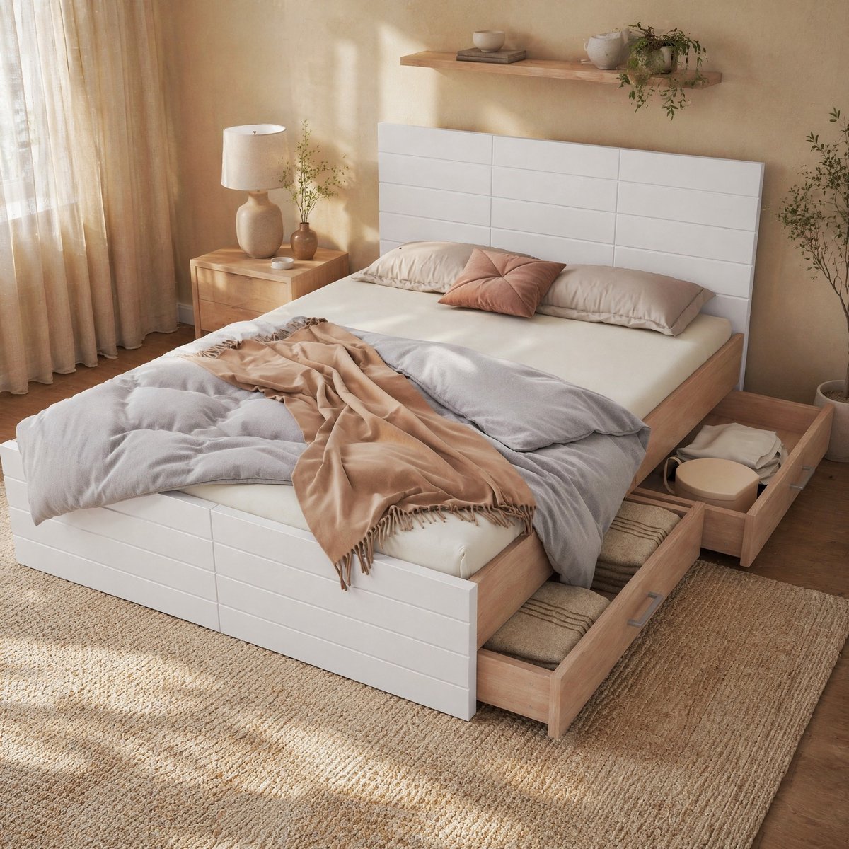 WUVRIE Tweepersoonsbed 140x200 cm met lattenbodem, 2 lades en opbergruimte, wit/licht eiken Wit en licht eiken
