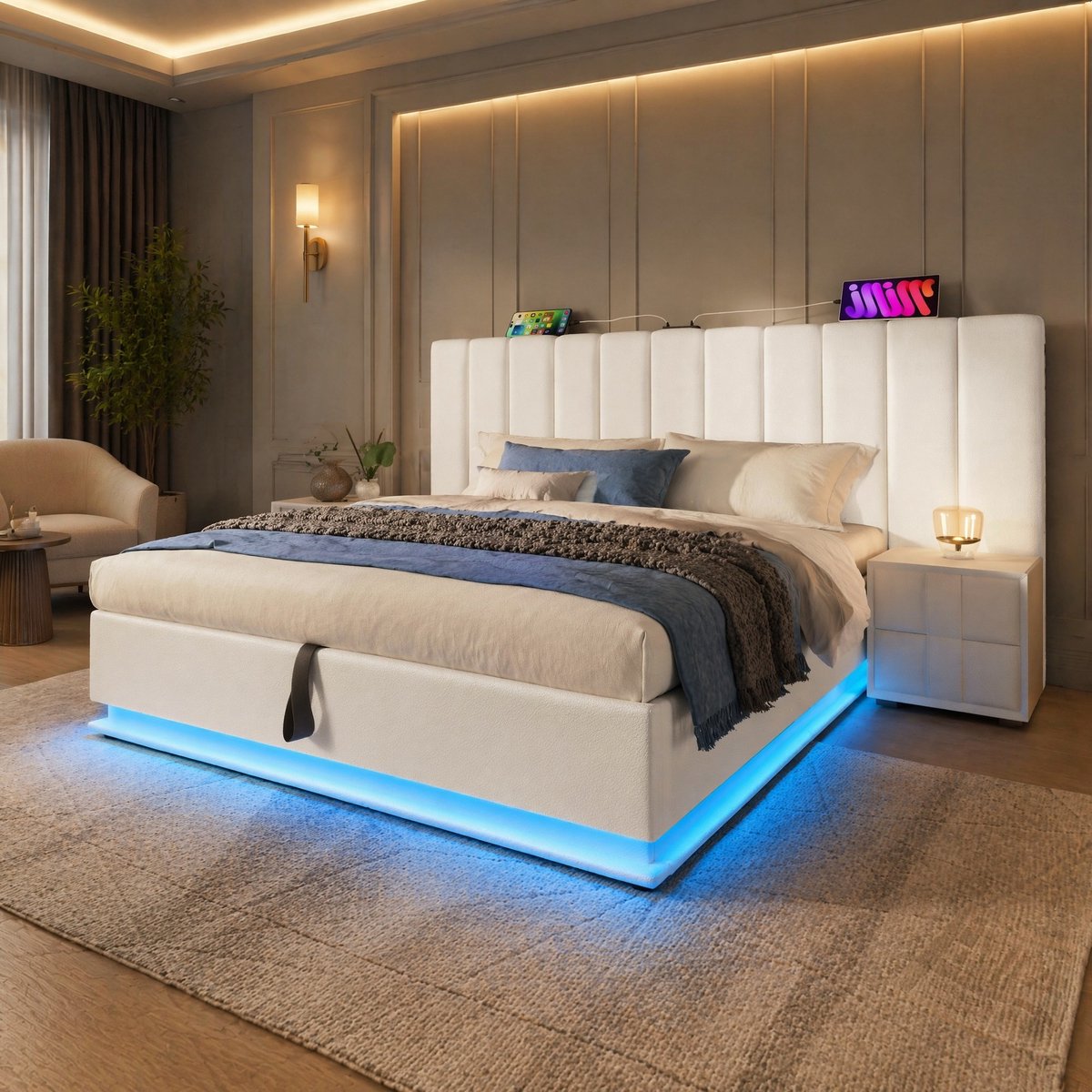 WUVRIE Opbergbed 180x200 cm met LED, appbediening, USB-C en lattenbodem, wit