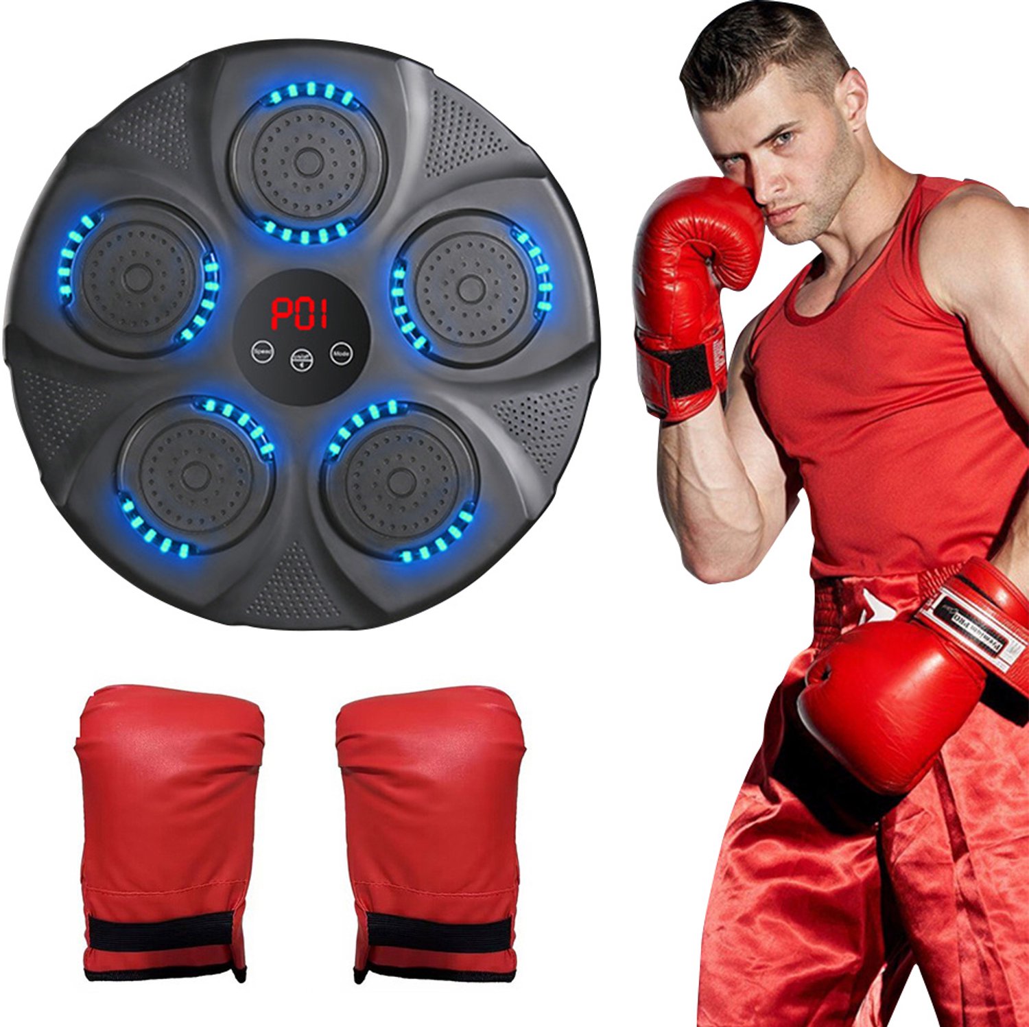 Muzikale Bokswand Trainer, interactieve boksmachine voor thuis met HDeye-sensoren en bokshandschoenen, Bluetooth muziekverbinding, RGB-verlichting, digitaal scherm voor automatische slagregistratie, 9 trainingsmodi, eenvoudige boorvrije montage