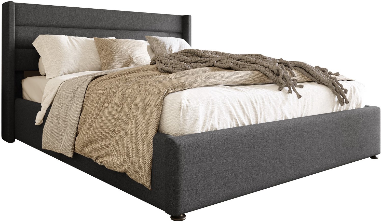 Gestoffeerd Bed 140x200 cm - Hydraulisch Bed Met Opbergruimte - Gewatteerd Hoofdbord - Grijs Linnen Bed