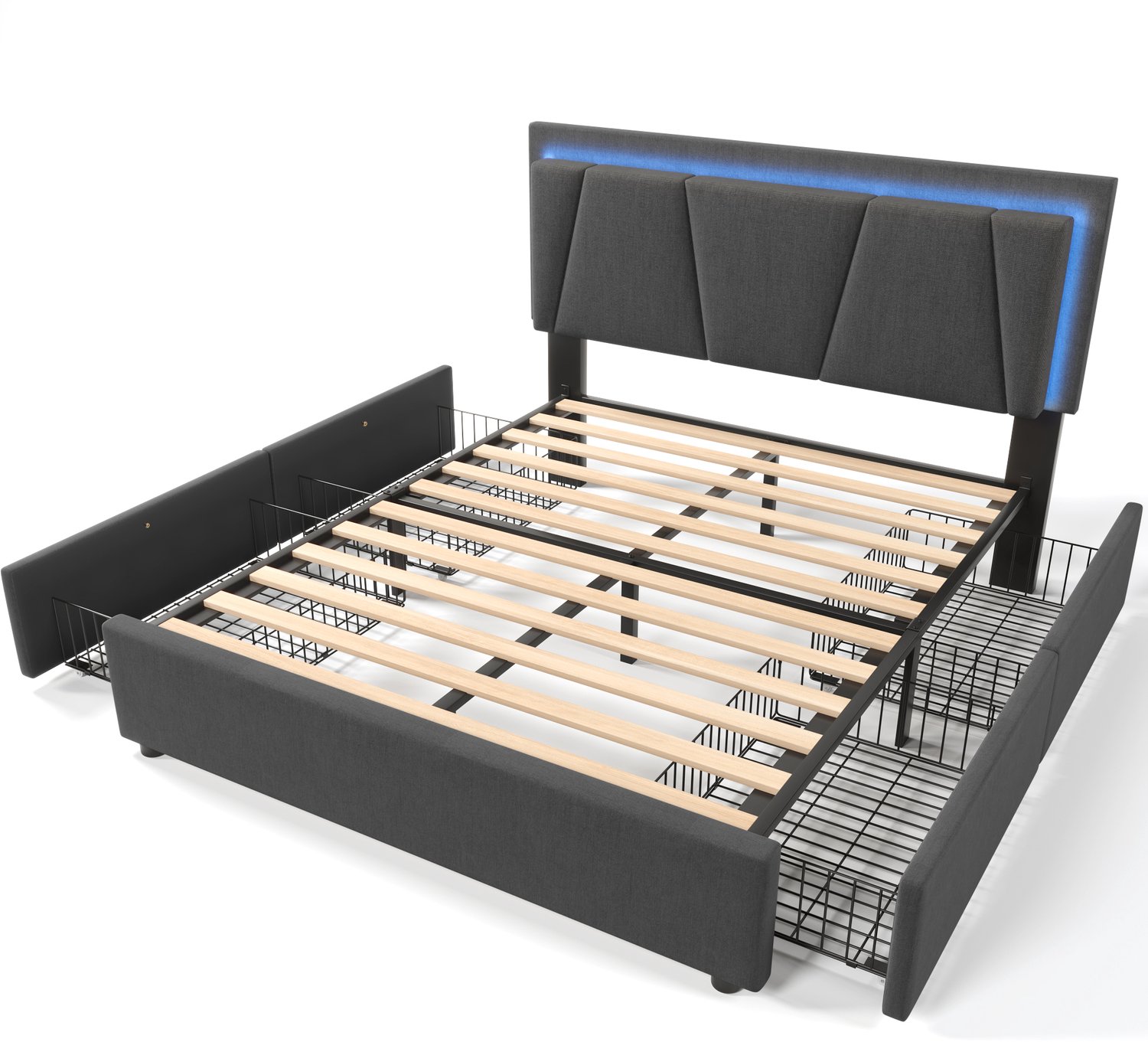 Gestoffeerd Tweepersoonsbed 160x200 - Bedframe Met Ledverlichting - Opbergbed Met Vier Laden - Grijs Met Linnen Bekleding