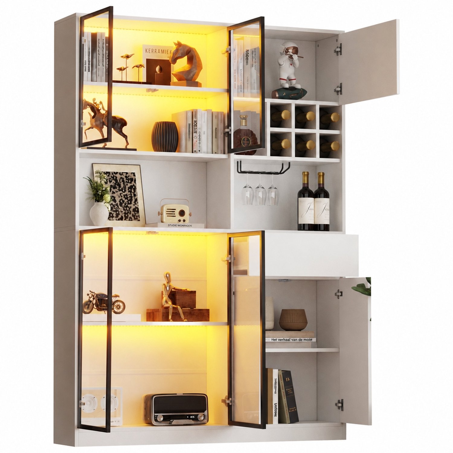 Welltin Vitrinekast - Glazen deuren - LED-verlichting - wijnrek - 140 x 30 x 200 cm – Woonkamer – Wit