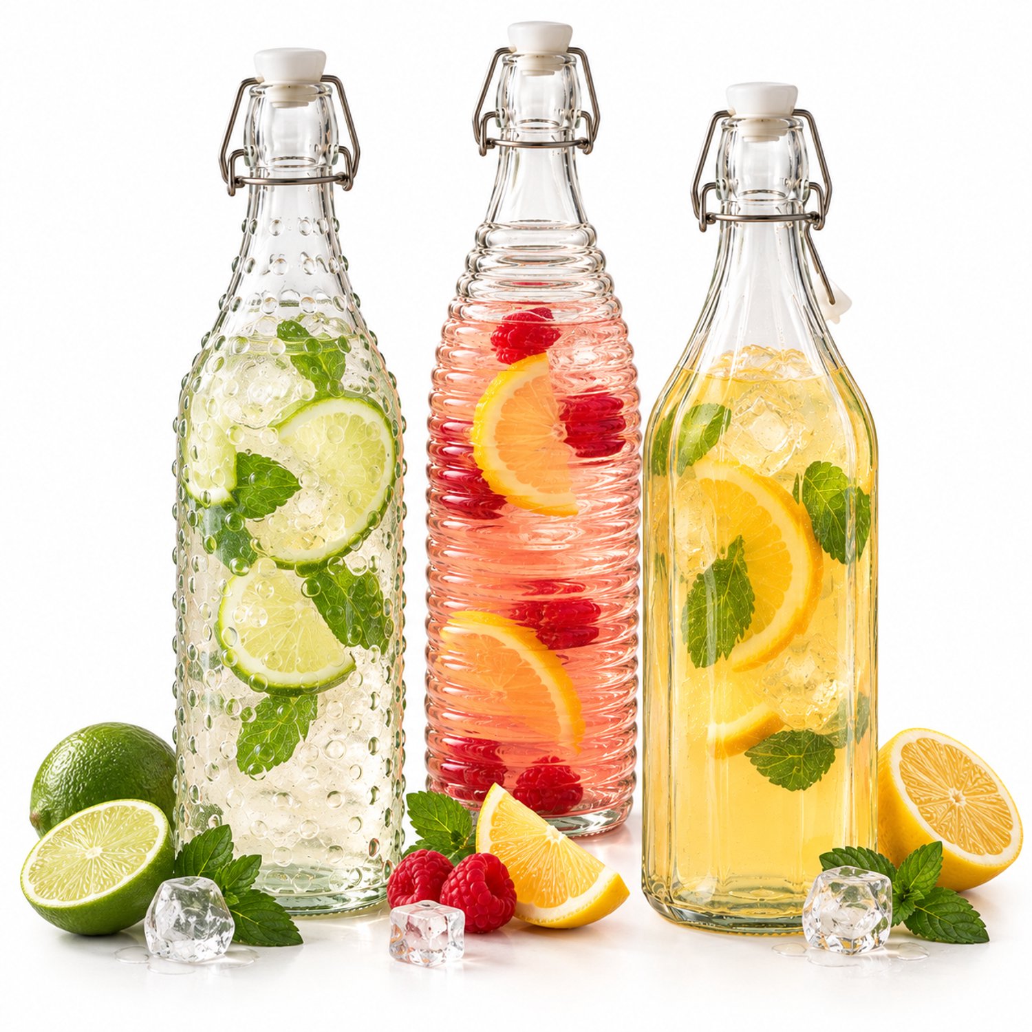 OTIX Glazen Flessen - met Beugelsluiting - Set van 3 Stuks - Karaf - Waterfles - 1 Liter - Transparant - 32 cm - FONTE