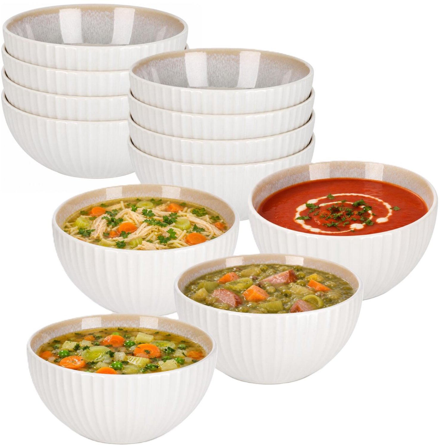 Siaki Soepkom Roman - 12x - wit - 14 x 8 cm - keramiek - kommetjes/schaaltjes - 500 ml