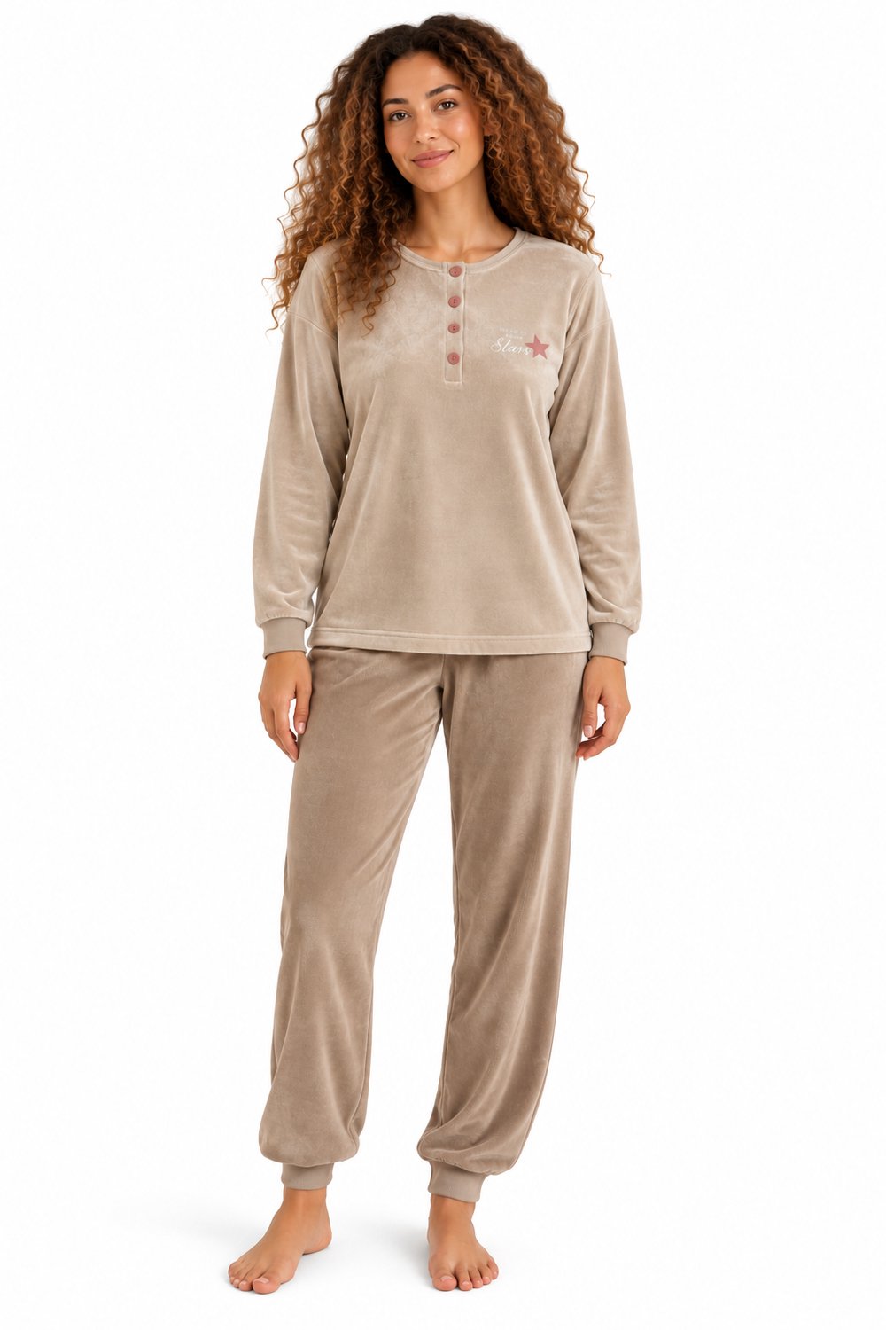 Cocodream - Dames Pyjama Velours - Winter - Beige - Maat XL