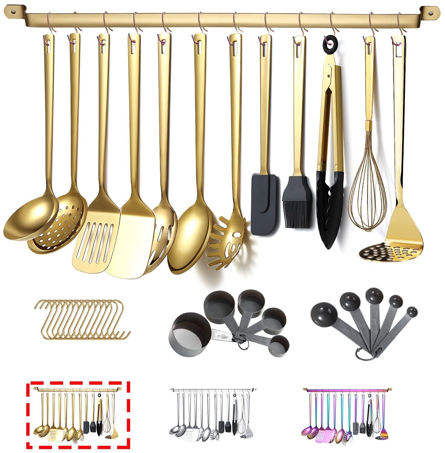 Famanu – Kookgerei set 37-delig, roestvrij staal met titanium gouden coating, inclusief keukengadgets