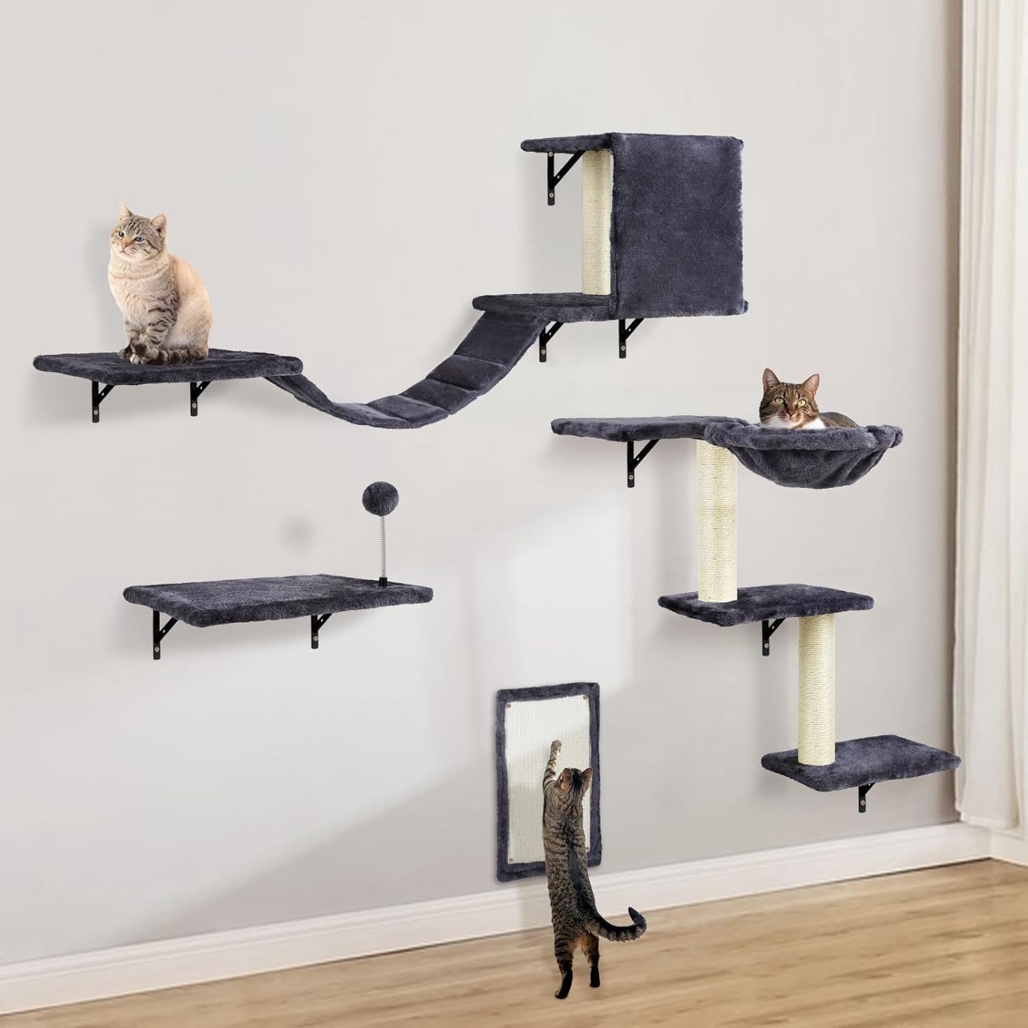 Famanu – Kattenklimwand Set met Kattenboom, Hangmat, Kattenbed, Brug, Krabplank en Krabpaal - 4-delige Houten Kattenmeubels