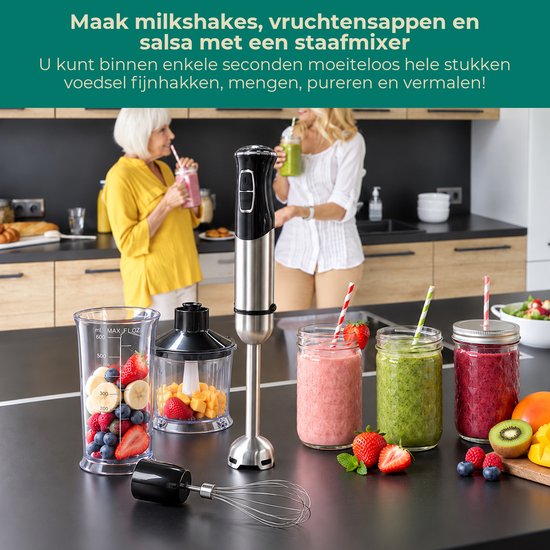 Staafmixer 5-in-1 set – Inclusief Hakmolen, garde, melkopschuimer & Maatbeker – krachtig & vaatwasserbestendig – 20 snelheden + turbofunctie – 1000W – PFAS-vrij — afbeelding 4