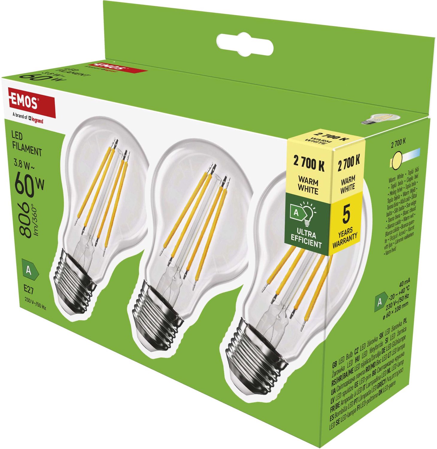 EMOS LED-lamp Filament A60 A-klasse / E27 / 3,8 W (60 W) / 806 lm / warmwit / 3 stuks, ZF5147.3