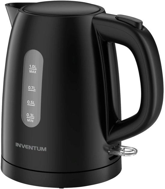 Zwarte Inventum waterkoker van 1 liter met transparant waterpeilvenster en maataanduiding.