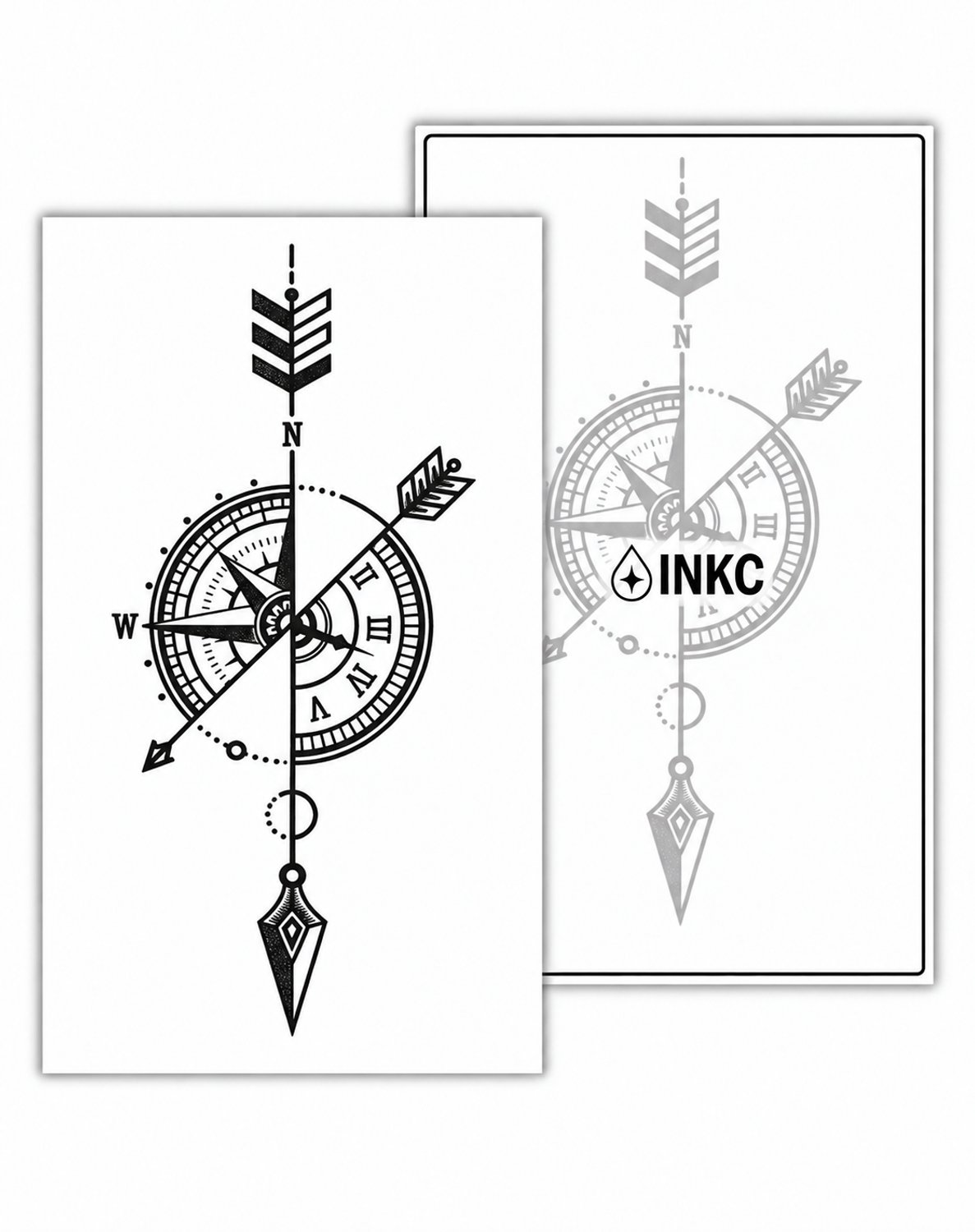 INKC - Tijdelijke Tattoo - Kompas met Pijlen en Klok - Nep Tattoo - Plak Tattoos - Blijft tot 2 weken - 11 x 18cm