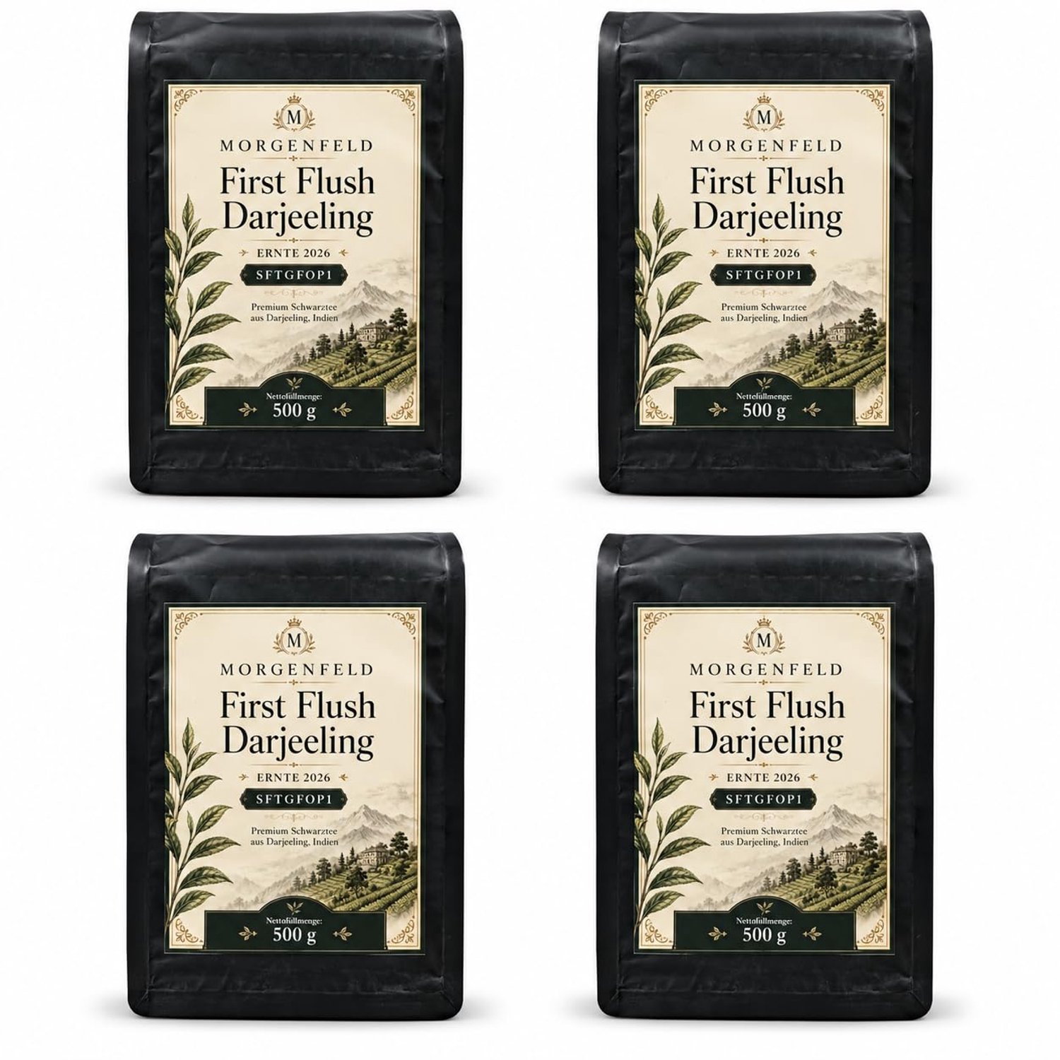 Morgenfeld First Flush Darjeeling Thee 4 X 500 g – Premium Zwarte Thee, Oogst 2026, losse bladeren uit Darjeeling India, aromatische hooglandthee voor theepot, zeef & middagthee Met Kajal Sticker