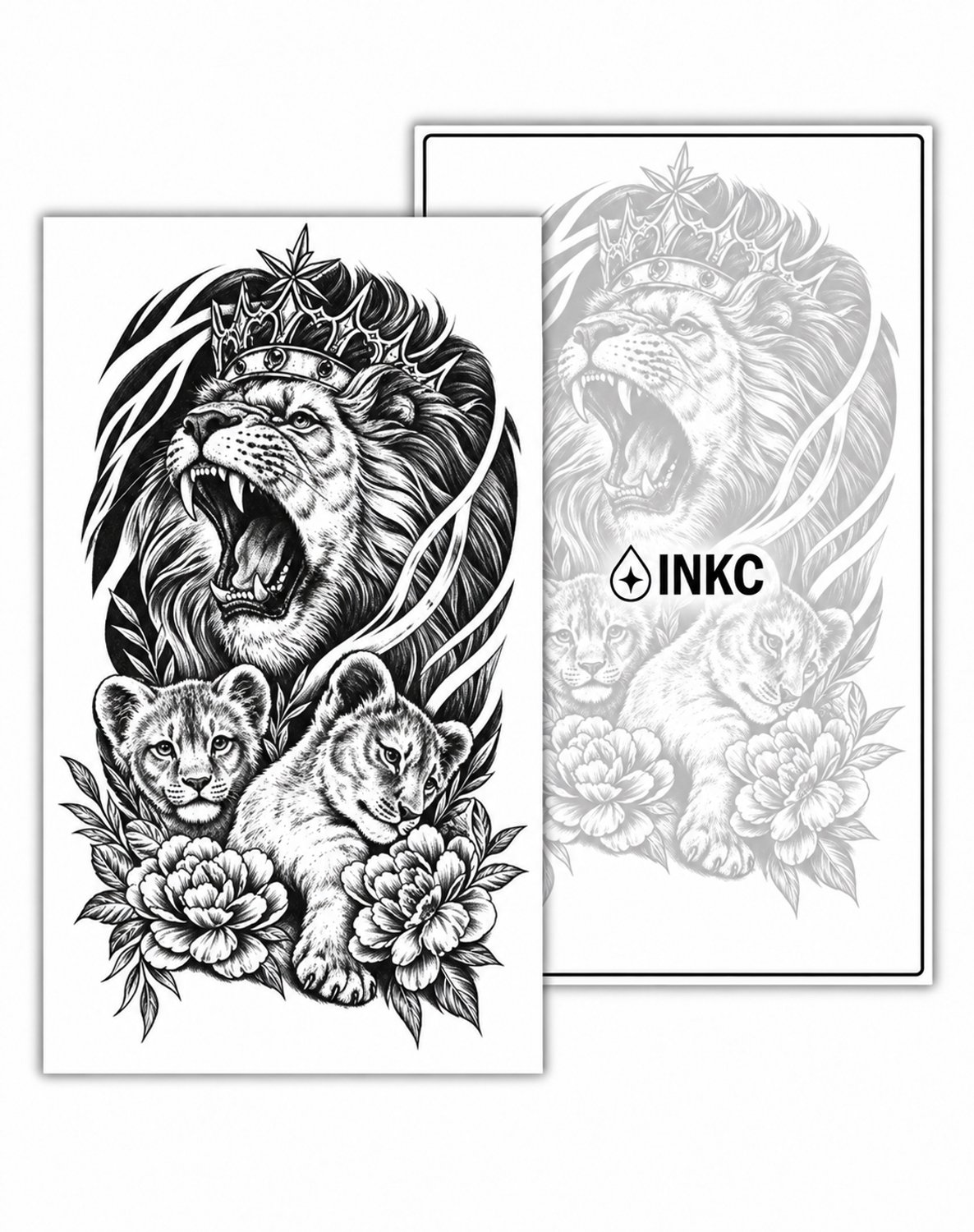 INKC - Tijdelijke Tattoo - Leeuw met Kroon en Welpen - Nep Tattoo - Plak Tattoos - Blijft tot 2 weken - 11 x 18cm