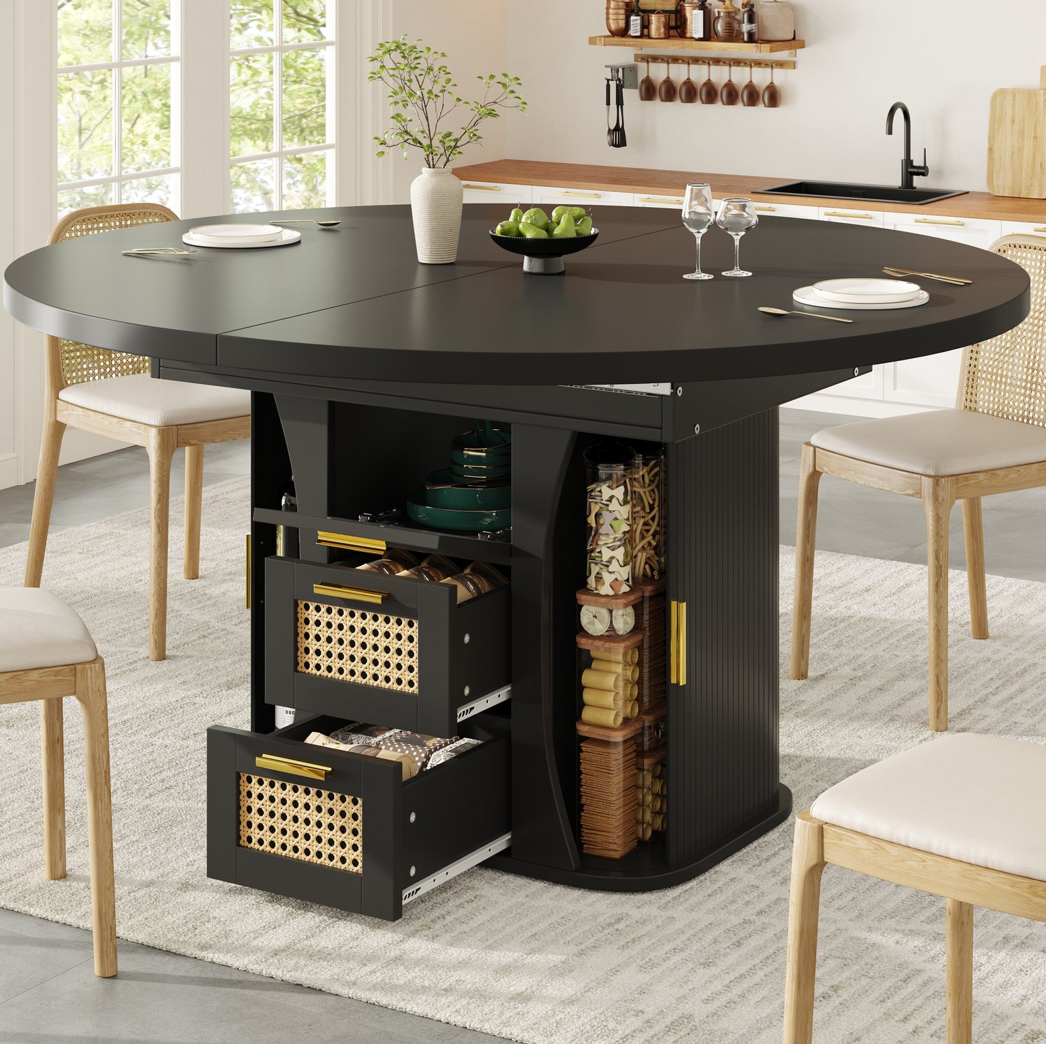 WUVRIE Uitschuifbare eettafel 118-158x118 cm - Met rattanlooklades en opbergruimte - Zwart