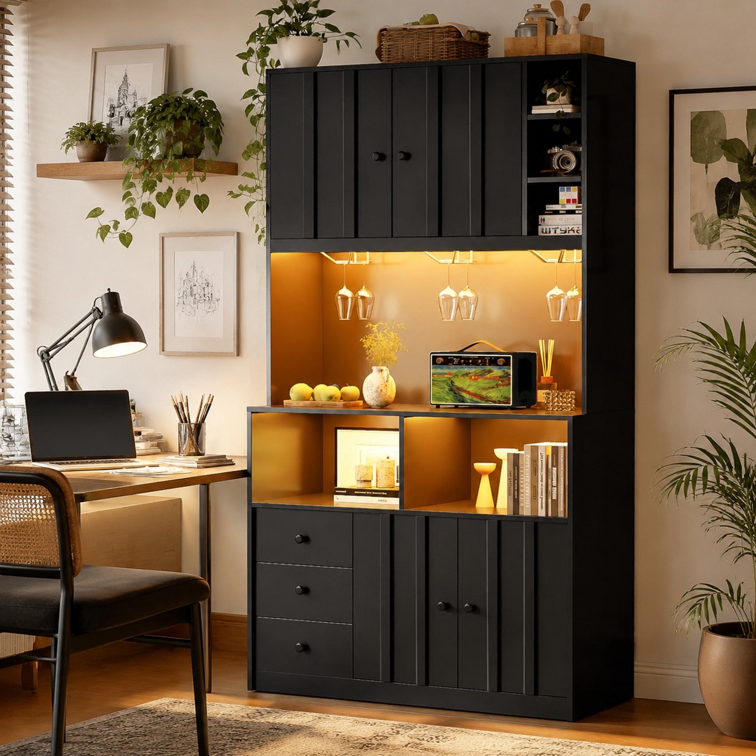 WUVRIE - Keukenkast 100x40x180 cm - Met RGB-led, stopcontacten en wijnrek - Zwart