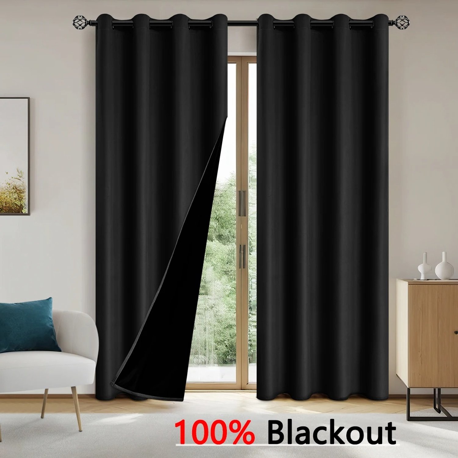 Cherrys Finds - 2 Panelen Verduisterende Gordijnen - 132cm x 213cm - Verduisterende Panelen - Verduisterende Gordijnen Met Ringen - Totale Privacygordijnen voor Slaapkamer, Woonkamer, Huisdecoratie - Lichtgewicht Gordijn - Zwart