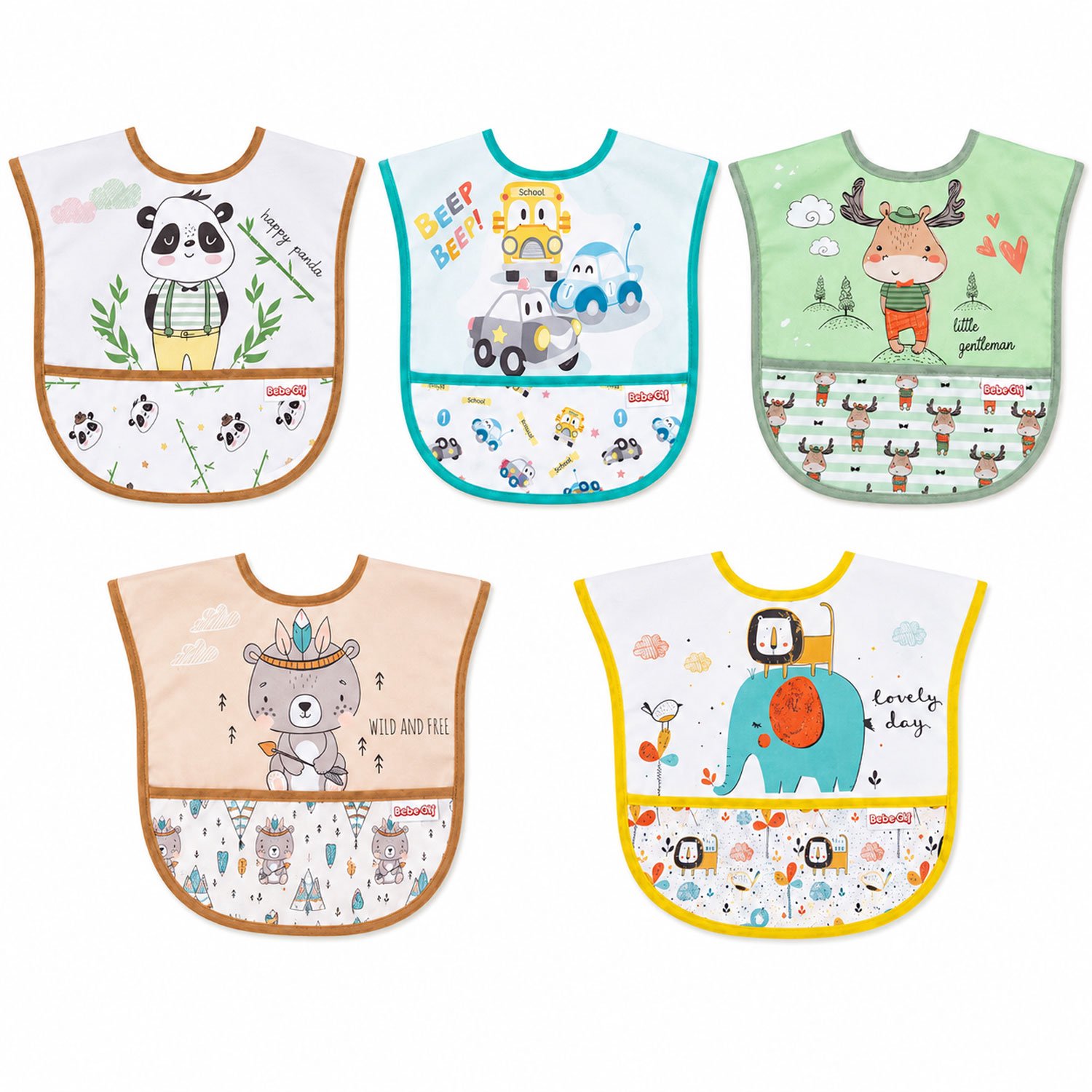 Jungengel Slabbetjes Baby 5 Stuks Waterafstotend met Opvangbakje - Afwasbare Voedingsslabbers 6-24 Maanden - Dieren en Voertuigen Motief Meerkleurig - Peuter Slab Mouwloos 30x26 cm - Kraamcadeau Eten Leren Eten