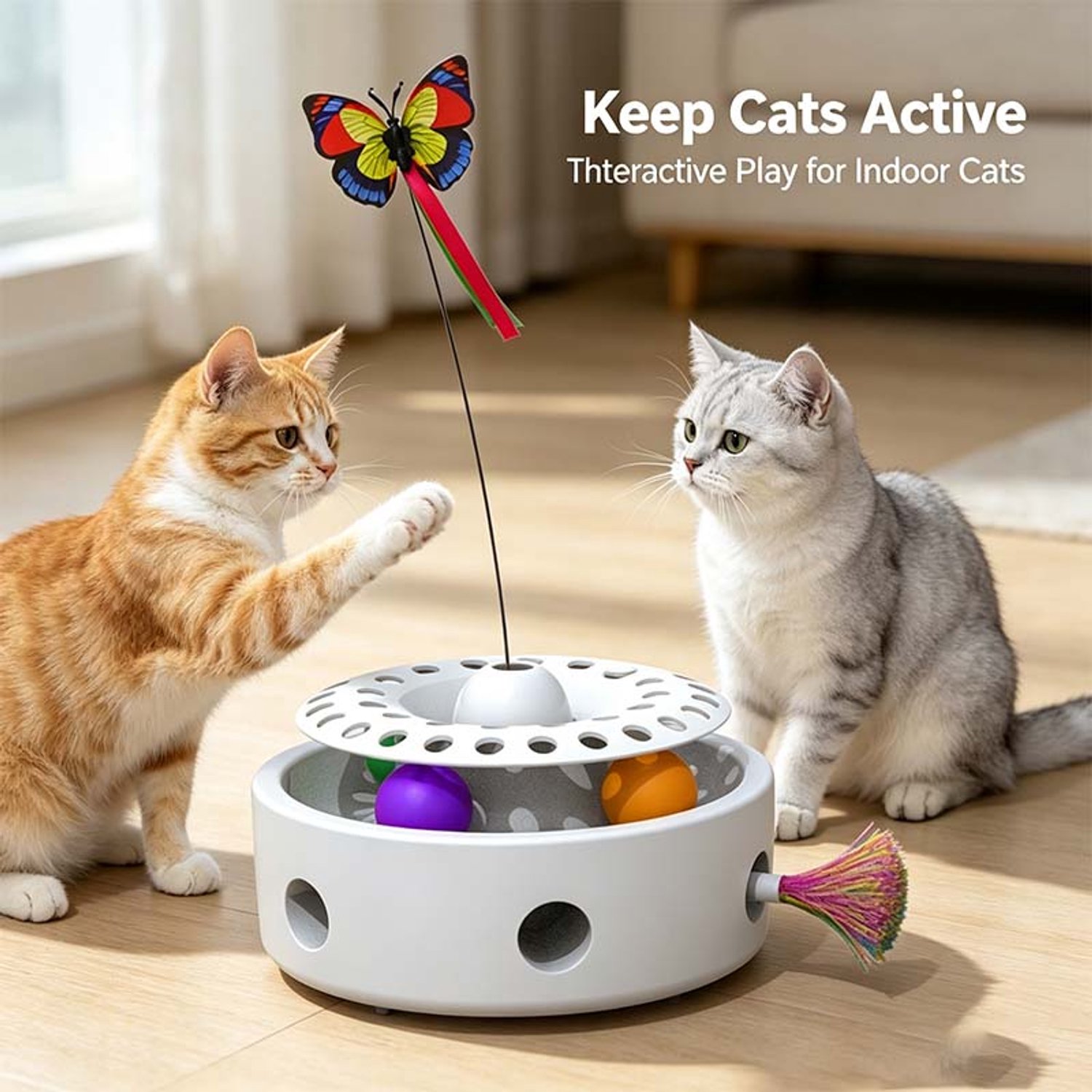 Interactief 3-in-1 kattenspeelgoed – Elektrisch – Vlinder, veer & bal – Interactief kattenspeelgoed voor binnen – Gaat verveling bij katten tegen – Wit