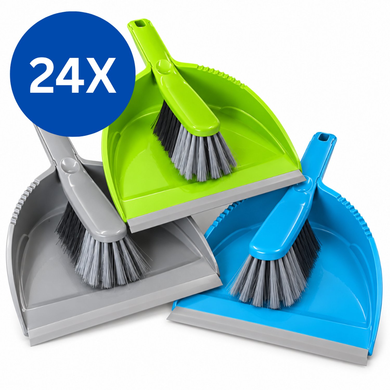HL – Stoffer en Blik – 24 Complete Sets – Blauw, Groen en Grijs – Handveger met Stofblik – Ophangbaar