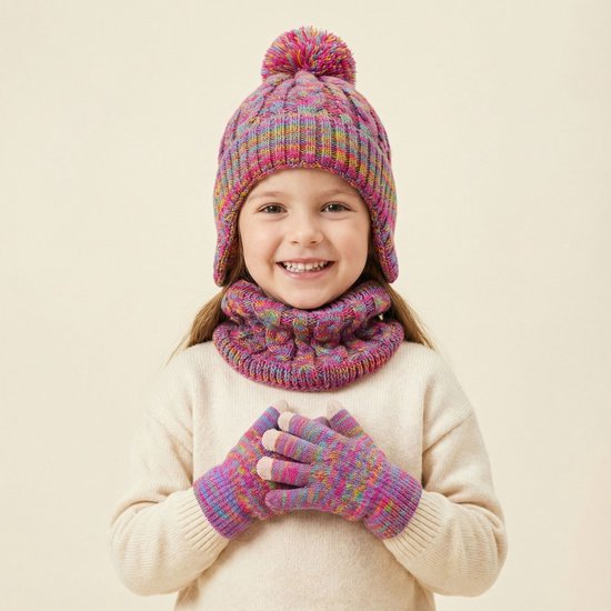 Winter Warm Fashion 3 stuks for kids- Muts + Nekwarmer + Handschoenen - Dikke gebreide pompon, muts, losse handschoenen met touchscreen, sjaalset — cadeau in Mode & Accessoires - foto 3