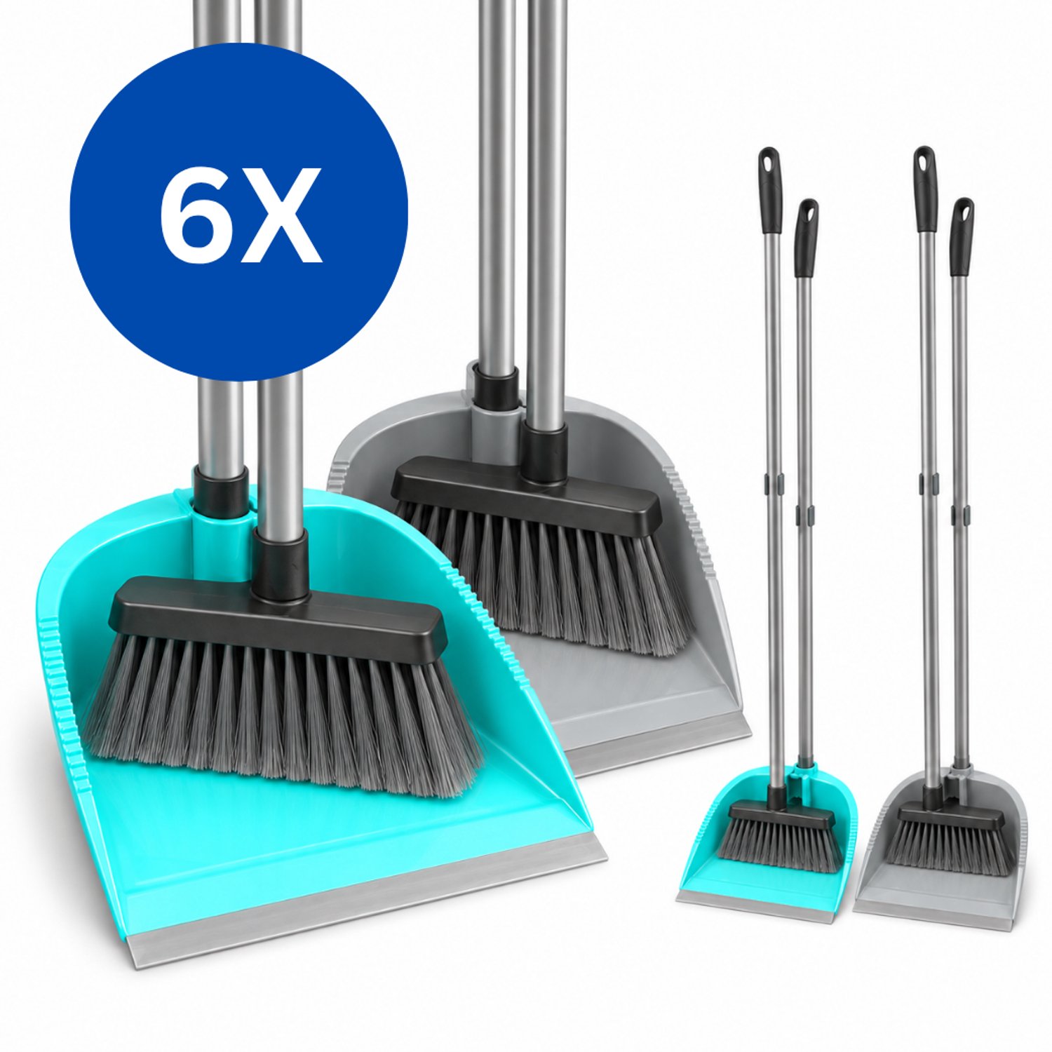 HL - Stoffer en Blik met Steel - Stofblik op Steel - Set van 6 stuks - Lobbyset met Bezem - 3 Turquoise en 3 Grijs