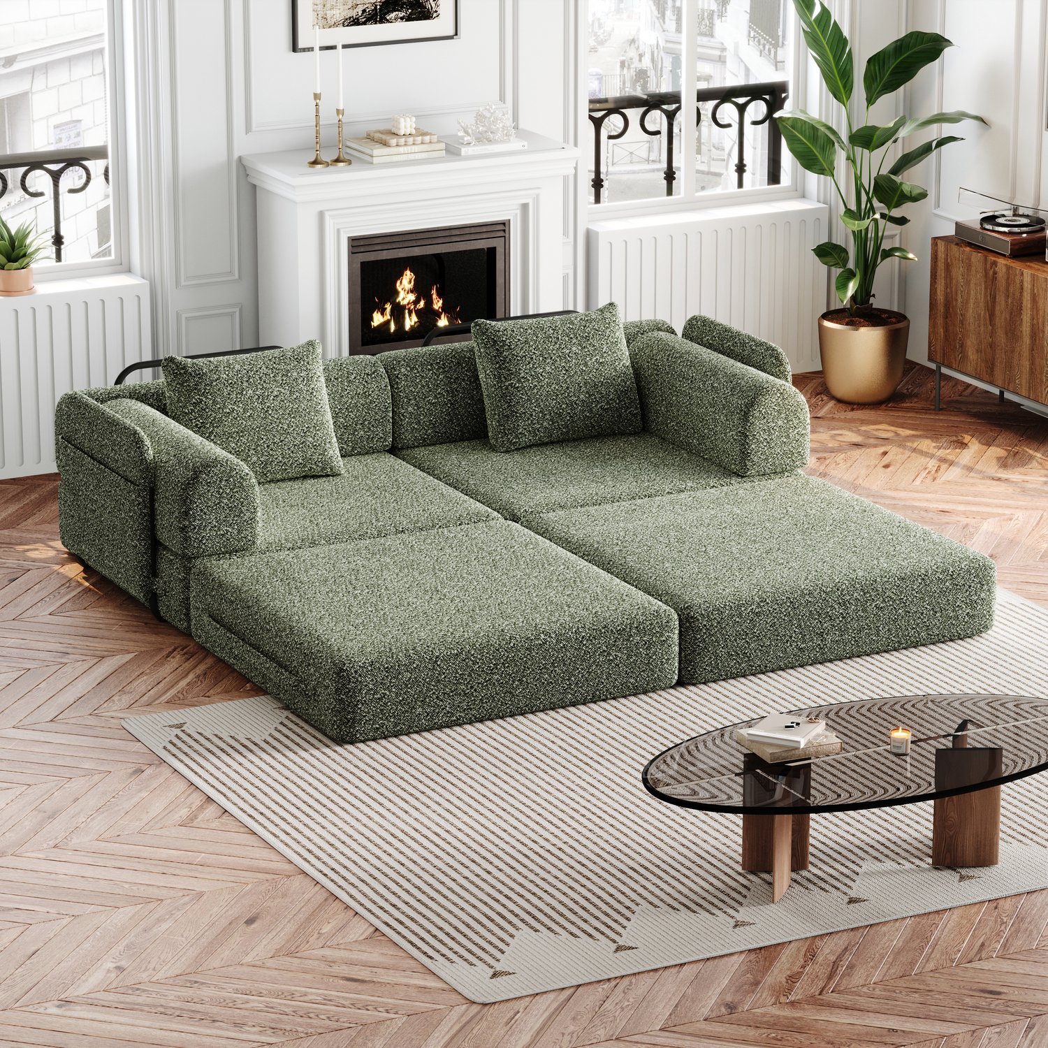 VVBV Slaapbank 2-in-1 met Opbergruimte – Slaapfunctie, Antislip, Armleuningen, 3 Metalen Frames – Chenille – Groen