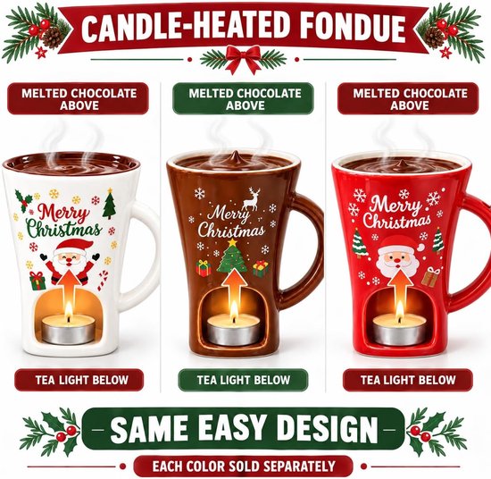 Persoonlijke beker voor het smelten van chocolade - Chocoladefondue - Chocoladefonduebeker - Bakje voor dipsaus - Porselein - Kerstversiering - Kan chocolade, kaas, karamel en boter smelten - Het ideale kerstcadeau - Patroon van de Kerstman — afbeelding 2