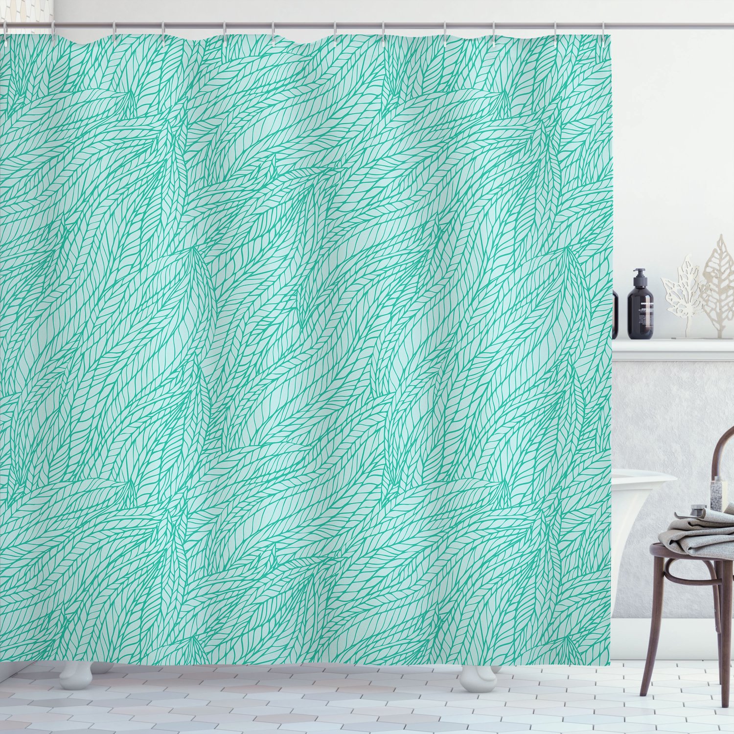 ABAKUHAUS Douchegordijn, Symmetrische Zee Algen Patroon nautisch in Blauwgroene Kleur Tinten Duurzaam, Ondoorzichtig van Stof incl. 12 Ringen, Wasbaar, 175 X 200 cm, Groen Teal