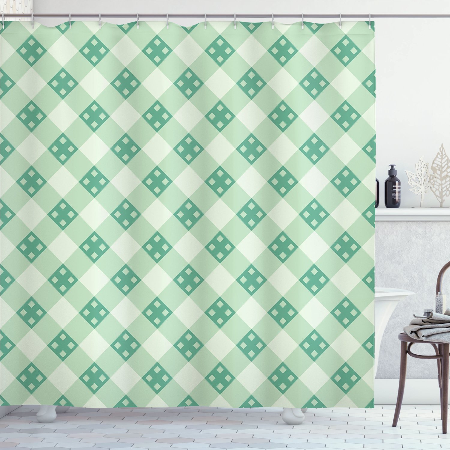 ABAKUHAUS Mintgroen Douchegordijn, Ouderwets Gestreept Patroon met Geometrische Details en Eenvoudige Ruittegel, Stoffen Badkamerdecoratieset met Haken, 175 B x 200 L, Mintgroen Lichtgroen