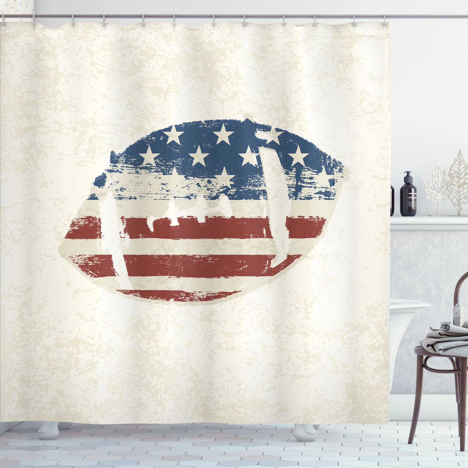 ABAKUHAUS Vintage Douchegordijn, American Vlag Football, Stoffen Badkamerdecoratieset met Haken, 175 x 200 cm, Crème Blauw Rood