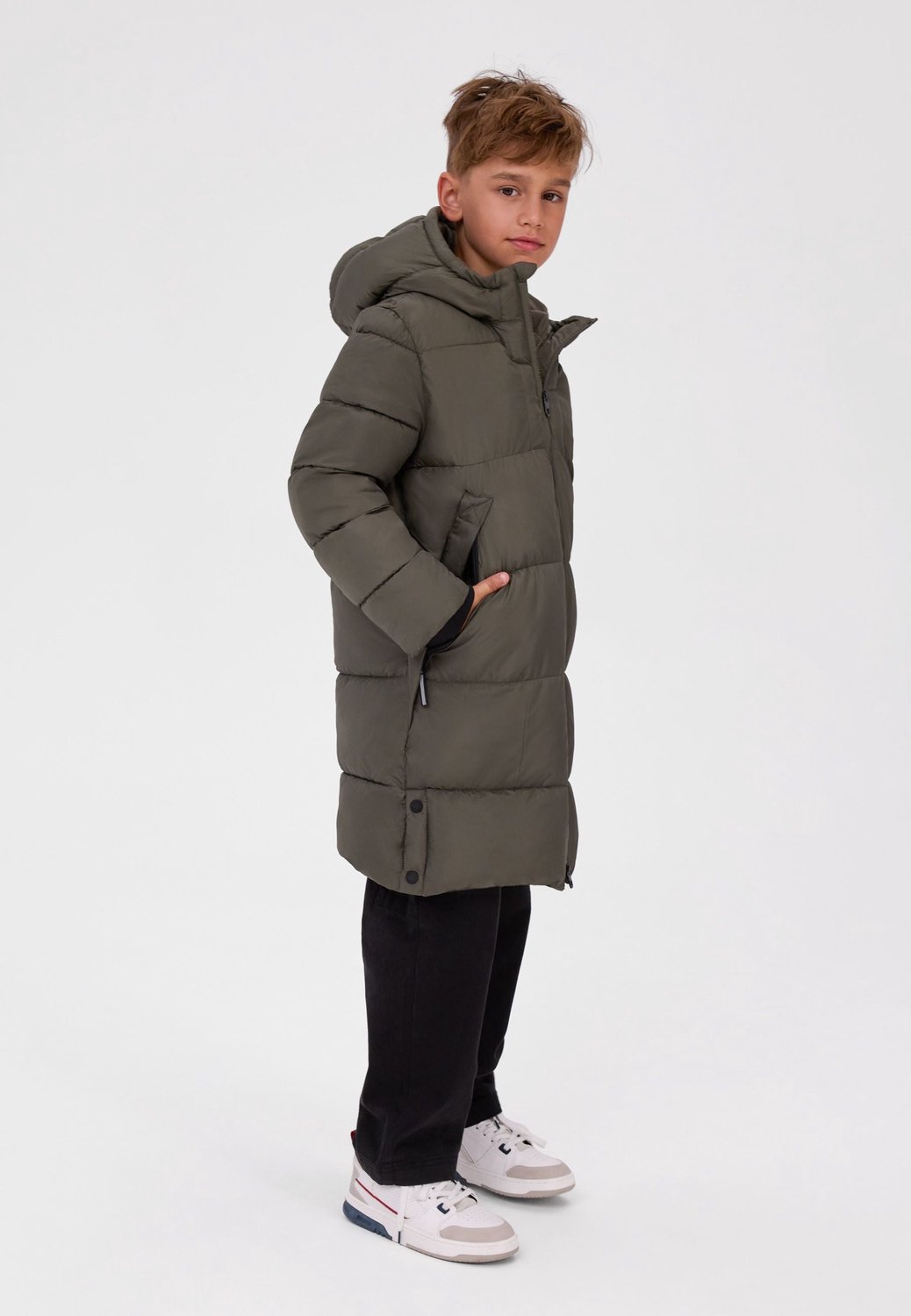 Minoti winterjas jongens – lang model – fleecevoering – olijfgroen