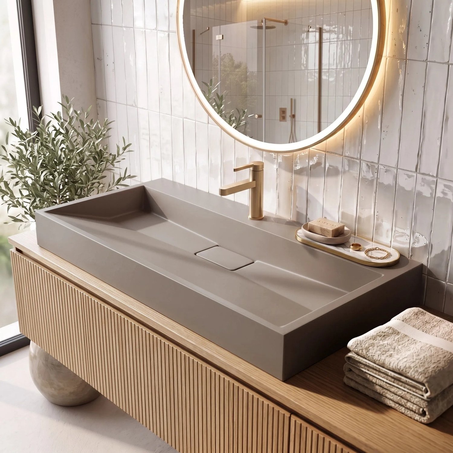 Rea - Conglomeraat Wastafel Goya 100cm Taupe , Rechthoekig - 100 x 46 x 14 cm