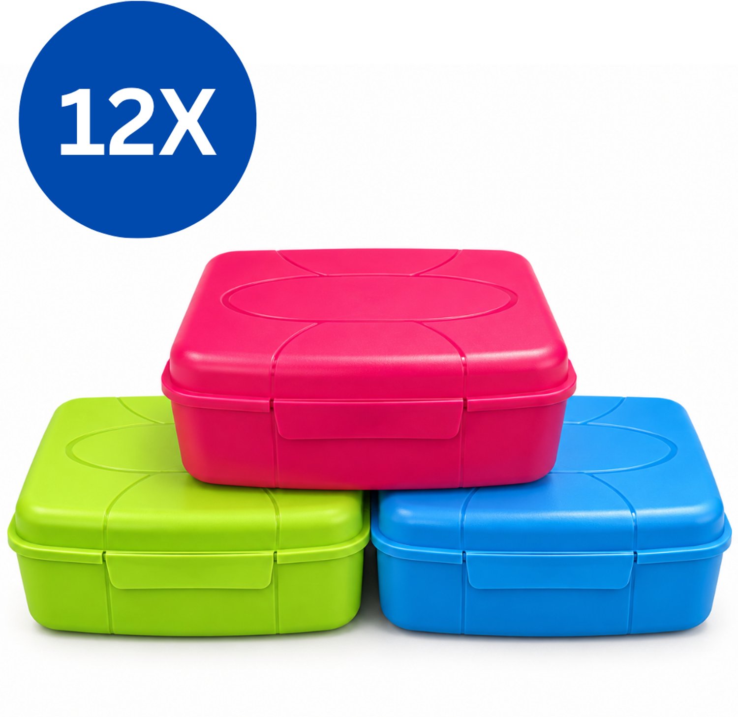 Alpfa – Broodtrommels – Set van 12 Stuks – Grote Lunchboxen van 3 Liter – Assorti Kleuren – Vershoudbakken met Klikdeksel