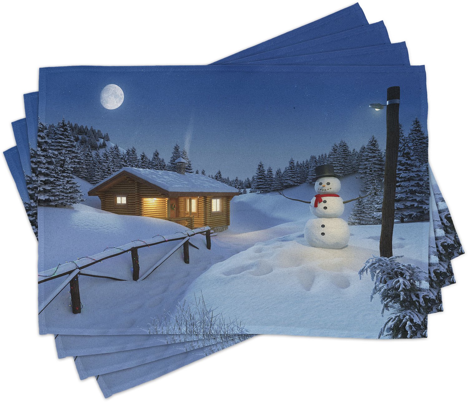 ABAKUHAUS Kerst Placemats Set van 4, Houten Rustiek Blokhut Huisje Landschap in de Winter Seizoen Warme Maanlicht, Wasbare Stoffen Placemats voor de Eettafel, Standaardformaat, Blauw Wit