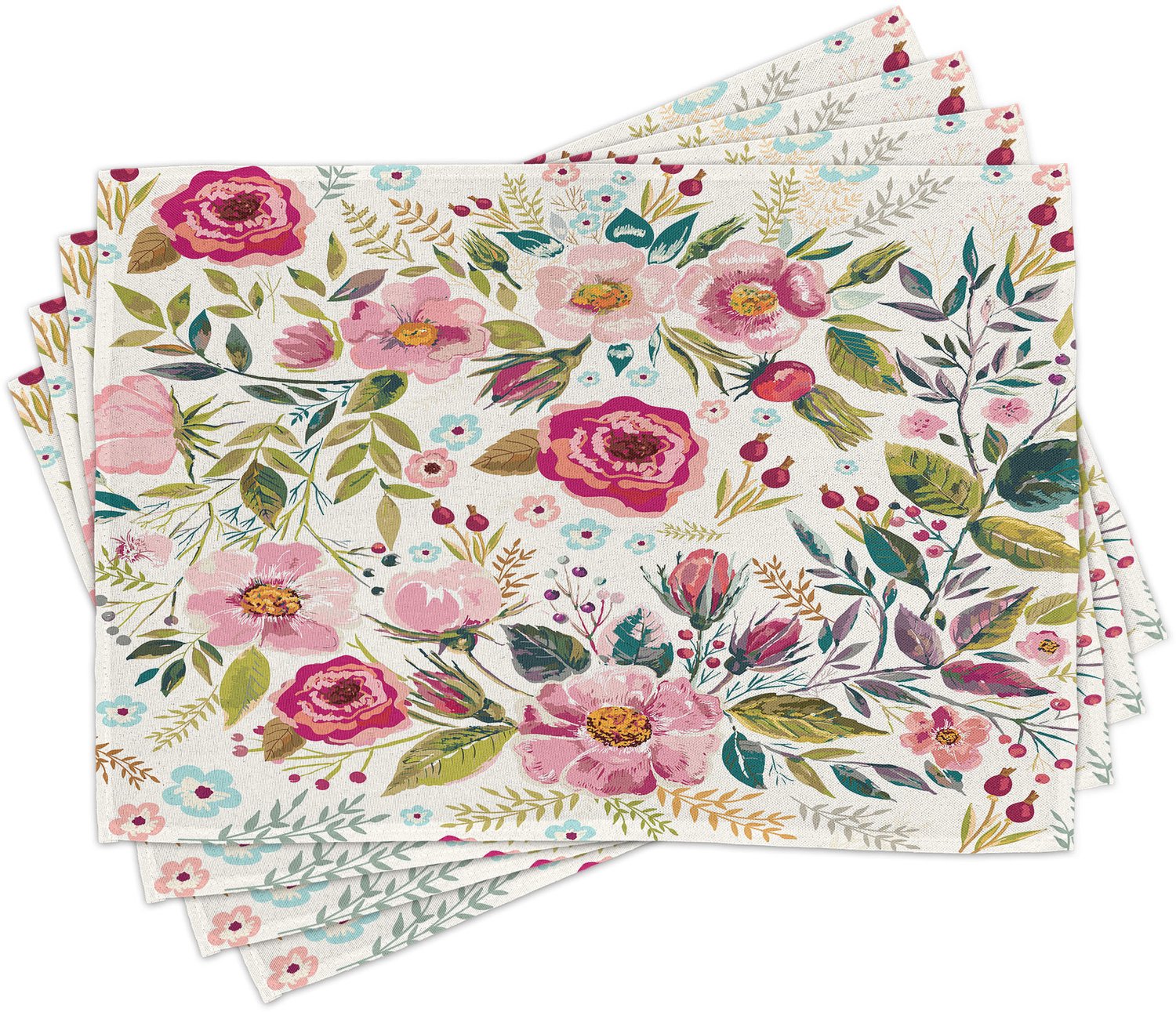ABAKUHAUS Bloemen Placemats Set van 4, Shabby Vorm Bloemen Rozen Bloemblaadjes Stippen Bladeren Knoppen Lente Seizoen Thema Afbeelding Kunst, Wasbare Stoffen Placemats voor de Eettafel, Standaardformaat, Magenta