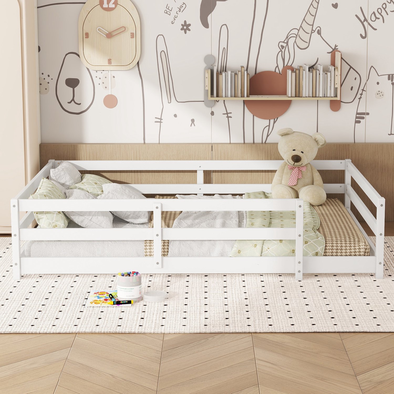 CHICFURN Montessori Kinderbed 140x200 cm - lattenbodem - 4-zijdige omranding - wit