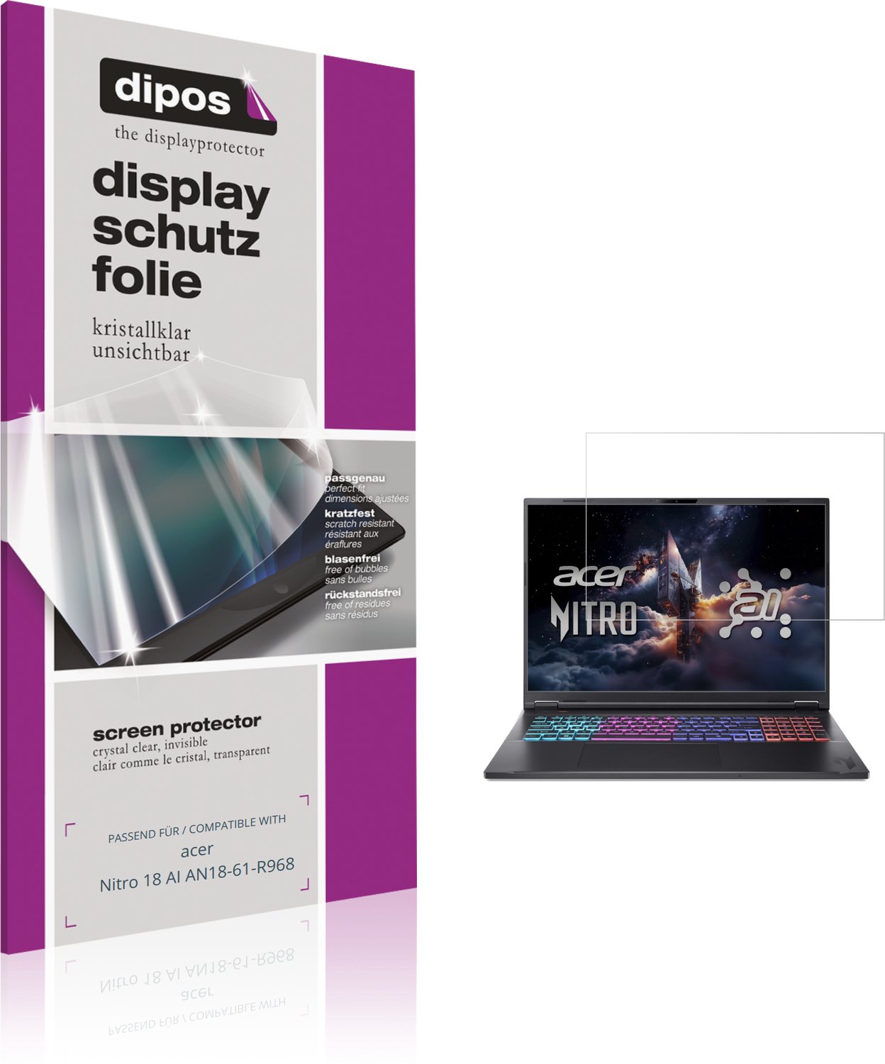 dipos – 2x Beschermfolie geschikt voor acer Nitro 18 AI AN18-61-R968 | Krasbestendige & heldere Screenprotector Ultra-Thin