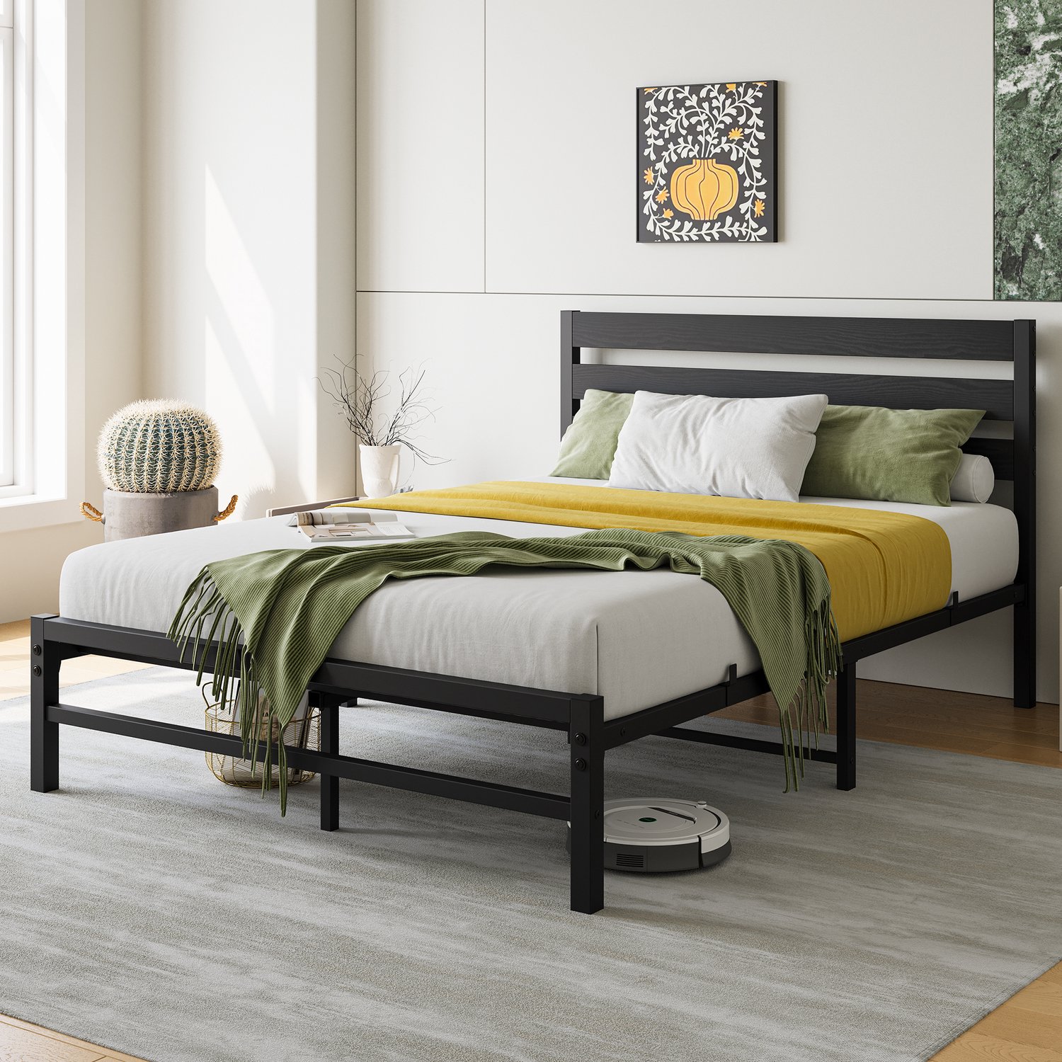 CHICFURN Metalen Bed 140x200 cm - Moderne slaapkamer - MDF hoofdbord - Lattenbodem - Metaal en MDF - Zwart