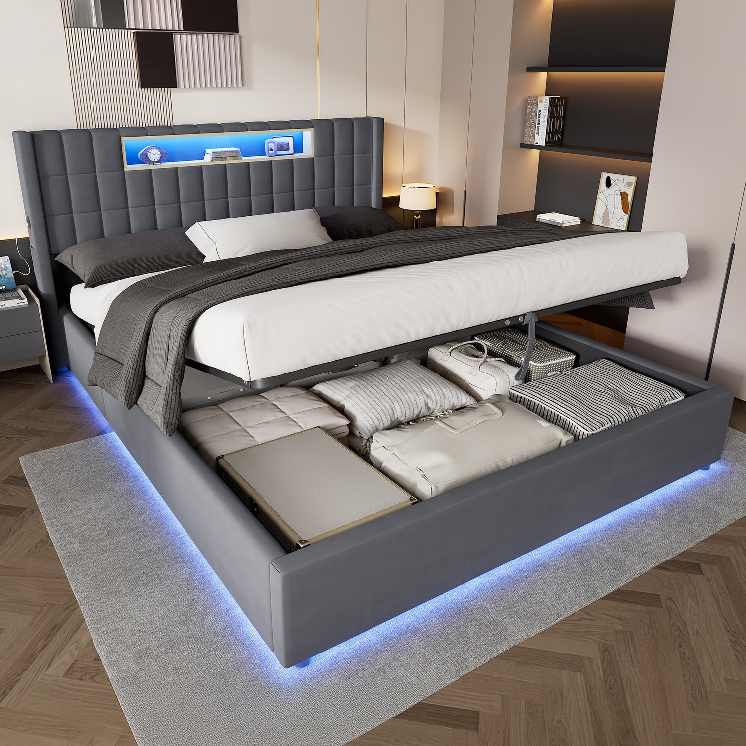 CHICFURN Tweepersoonsbed 180x200 cm - Slaapkamer - LED en opladen - Hydraulisch opbergbed - Fluweel - Donkergrijs